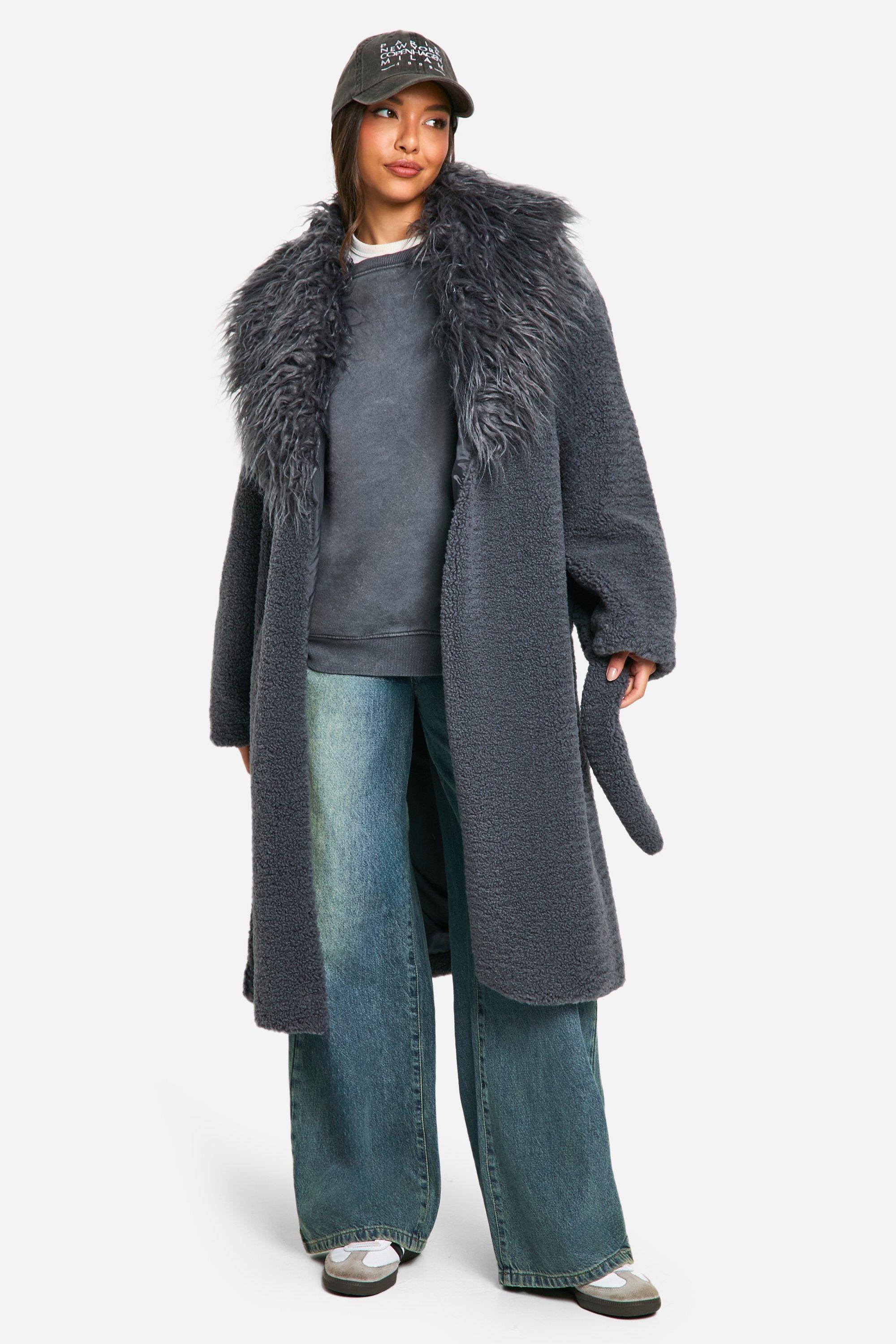 Boohoo Maxi Faux Fur Jas, Charcoal