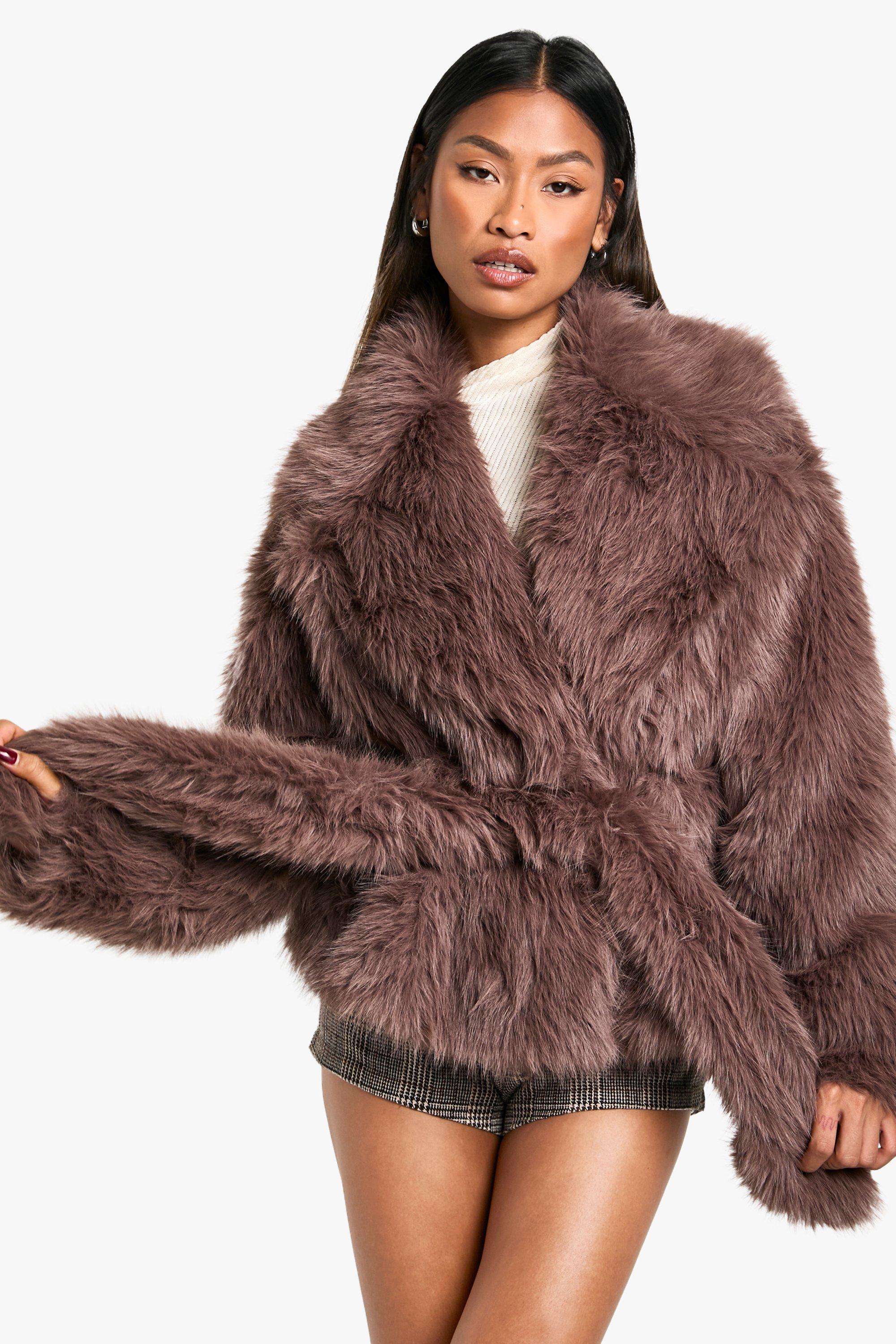 Boohoo Faux Fur Jas Met Ceintuur, Mauve