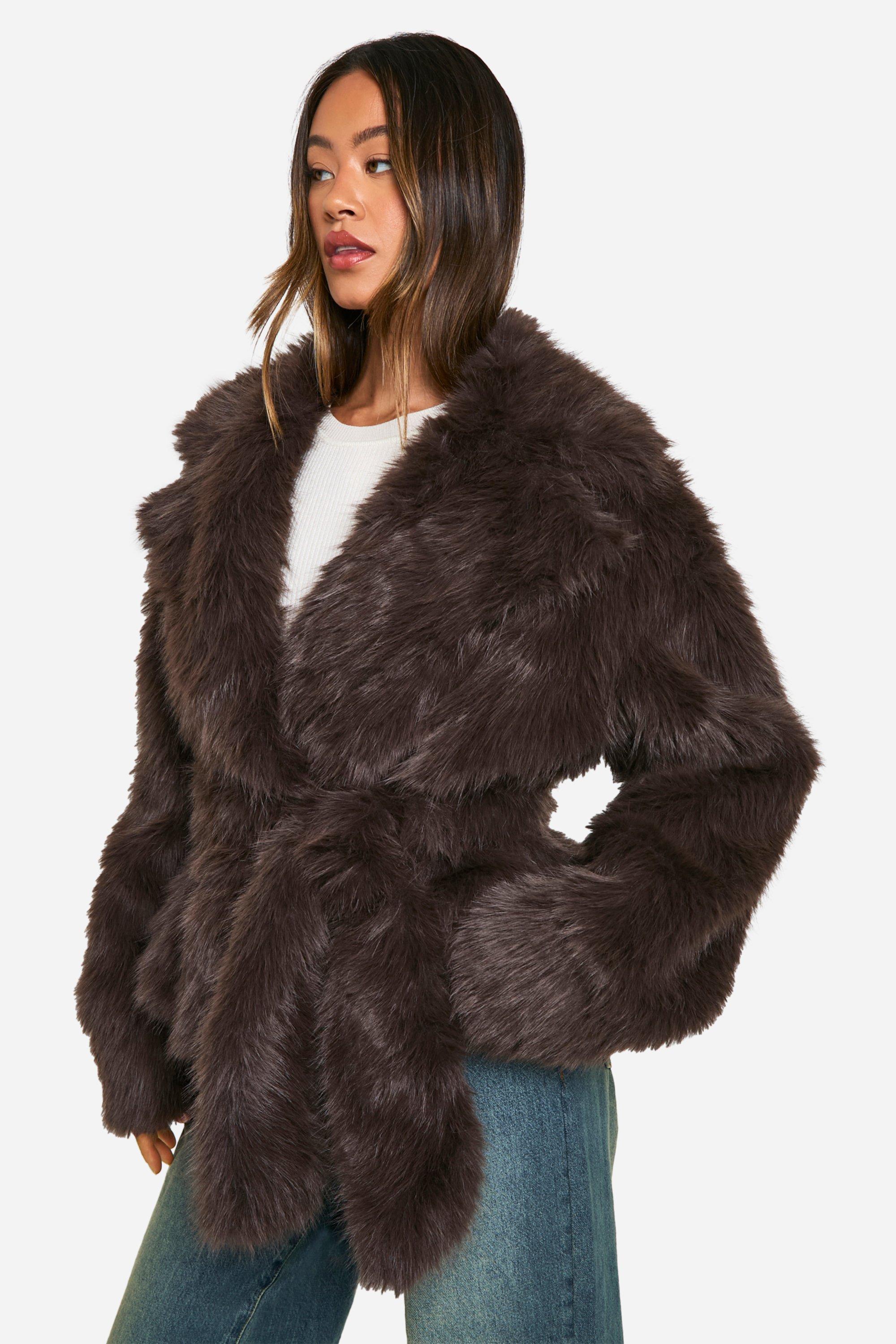 Boohoo Tall Faux Fur Jas Met Ceintuur, Charcoal