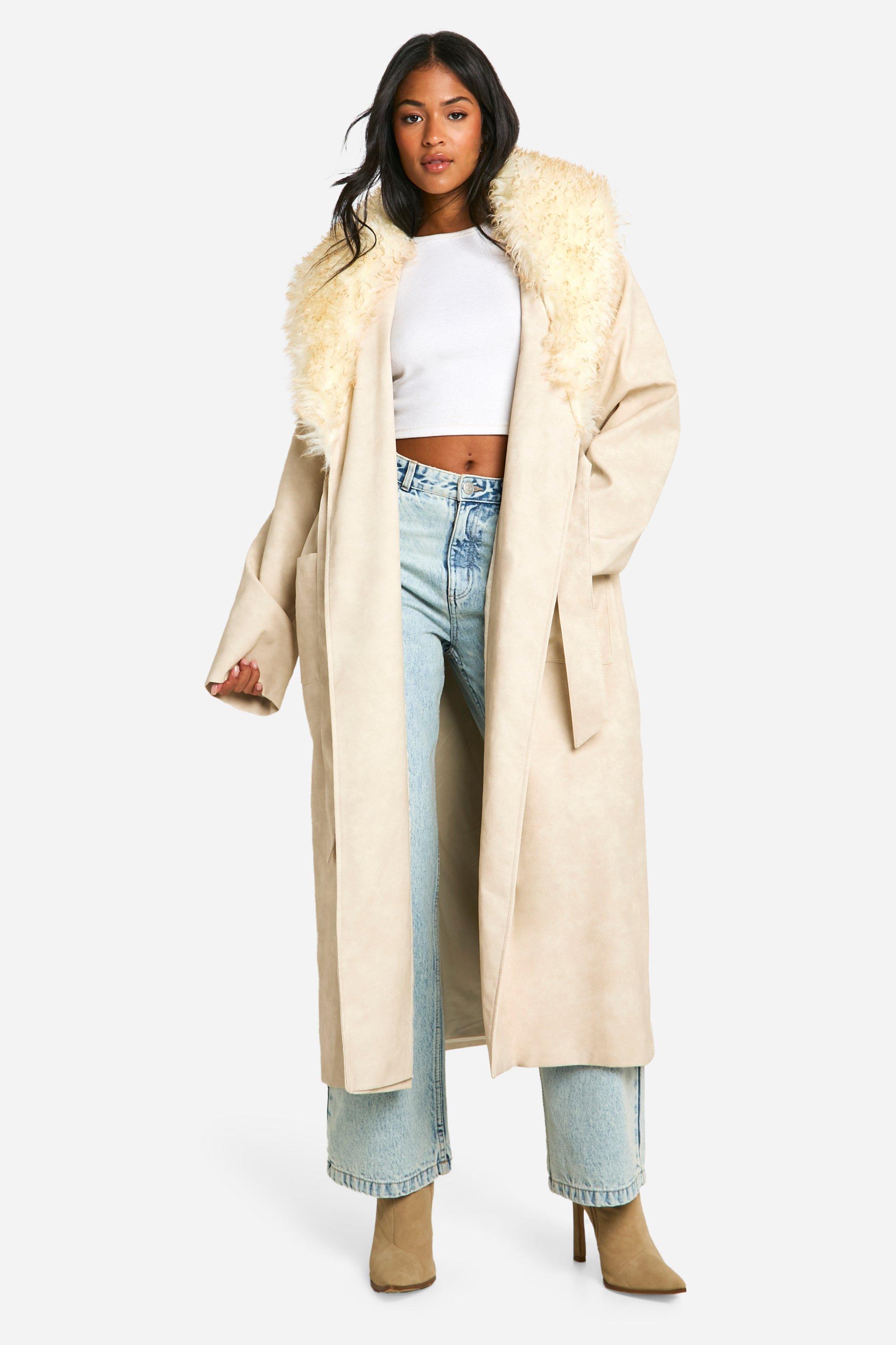 Boohoo Tall Nepleren Vintage Trenchcoat Met Faux Fur Kraag, Stone