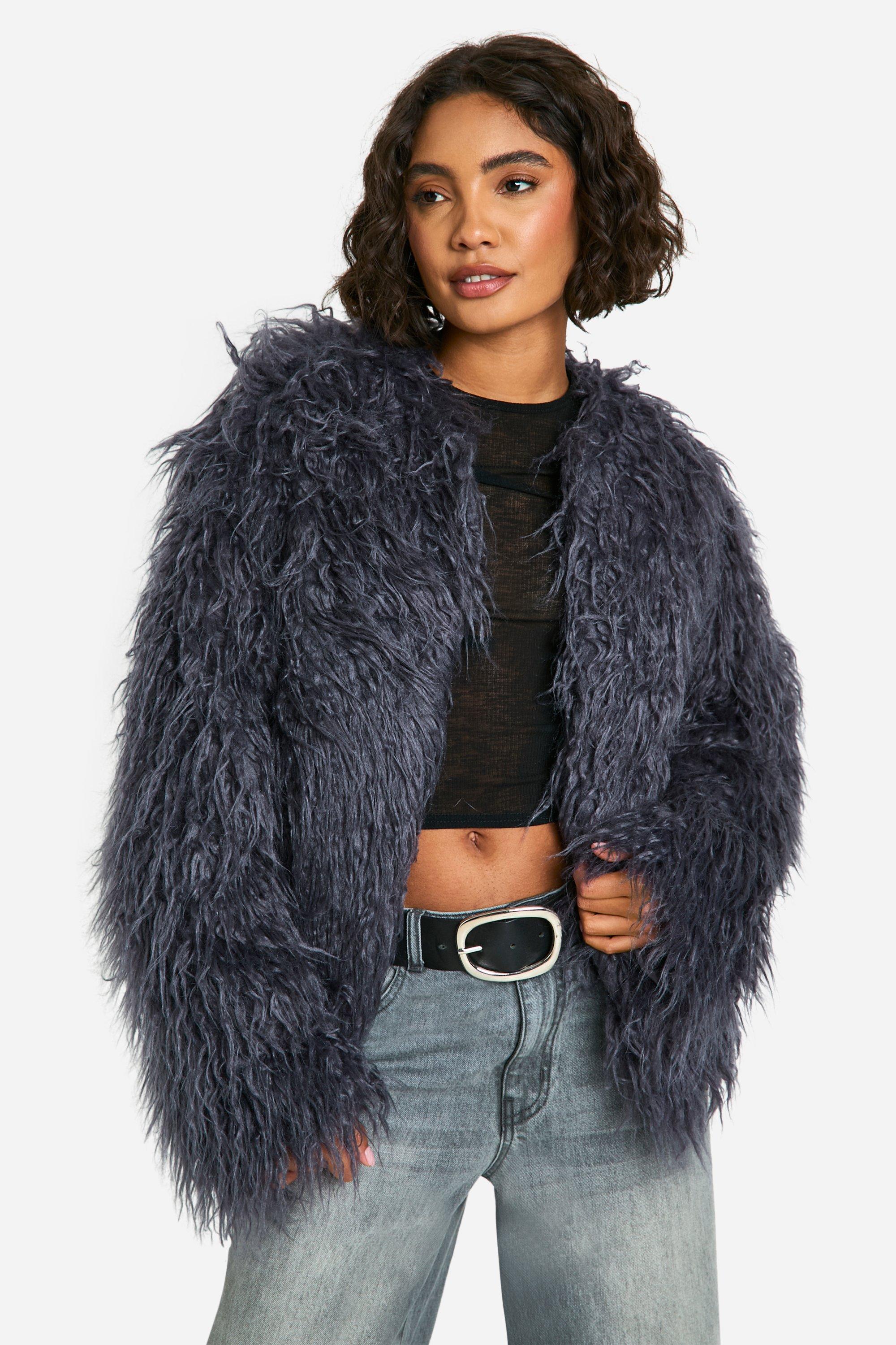 Boohoo Tall Pluizige Fur Drop Shoulder Jas, Charcoal