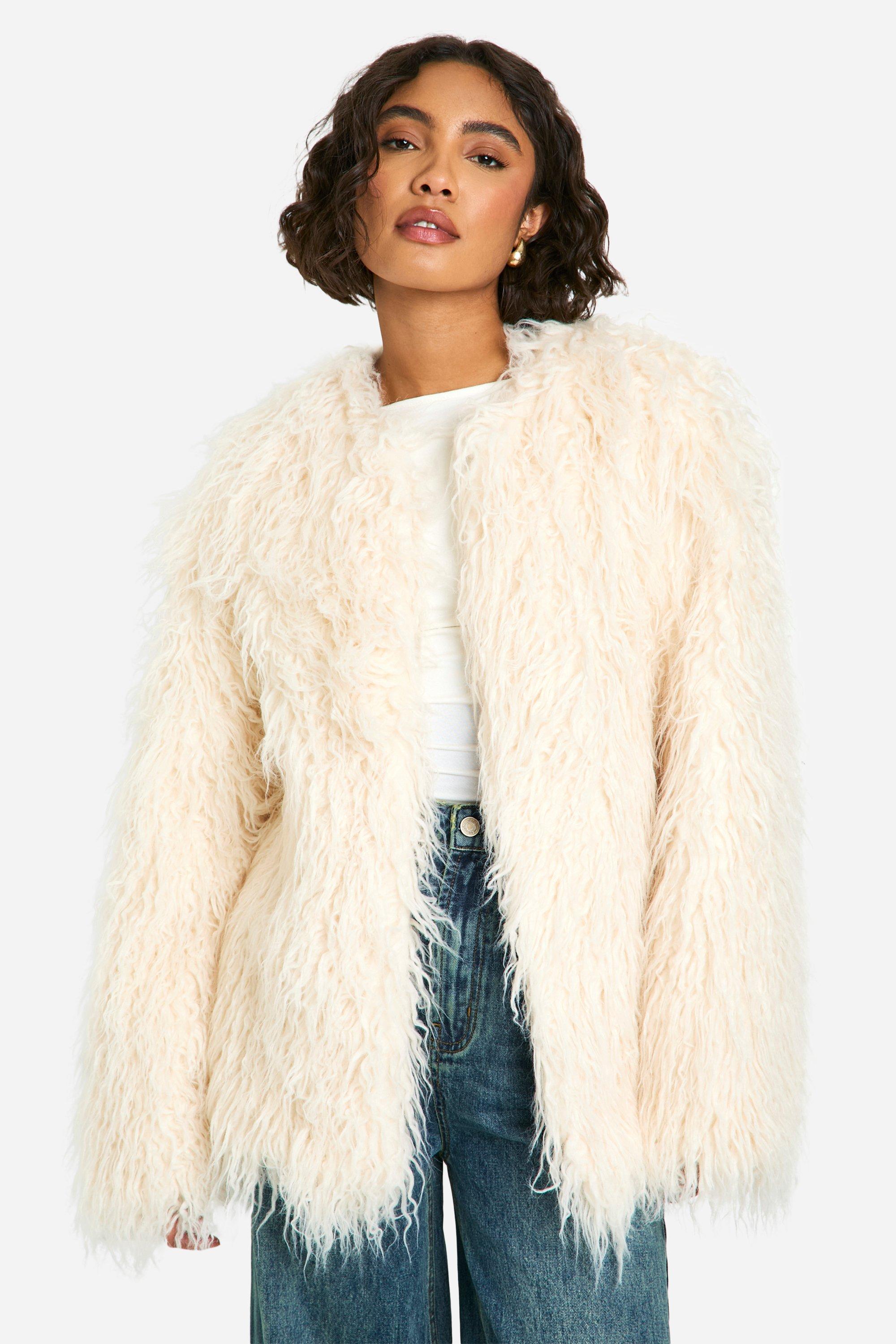 Boohoo Tall Mongolian Faux Fur Jas, Cream