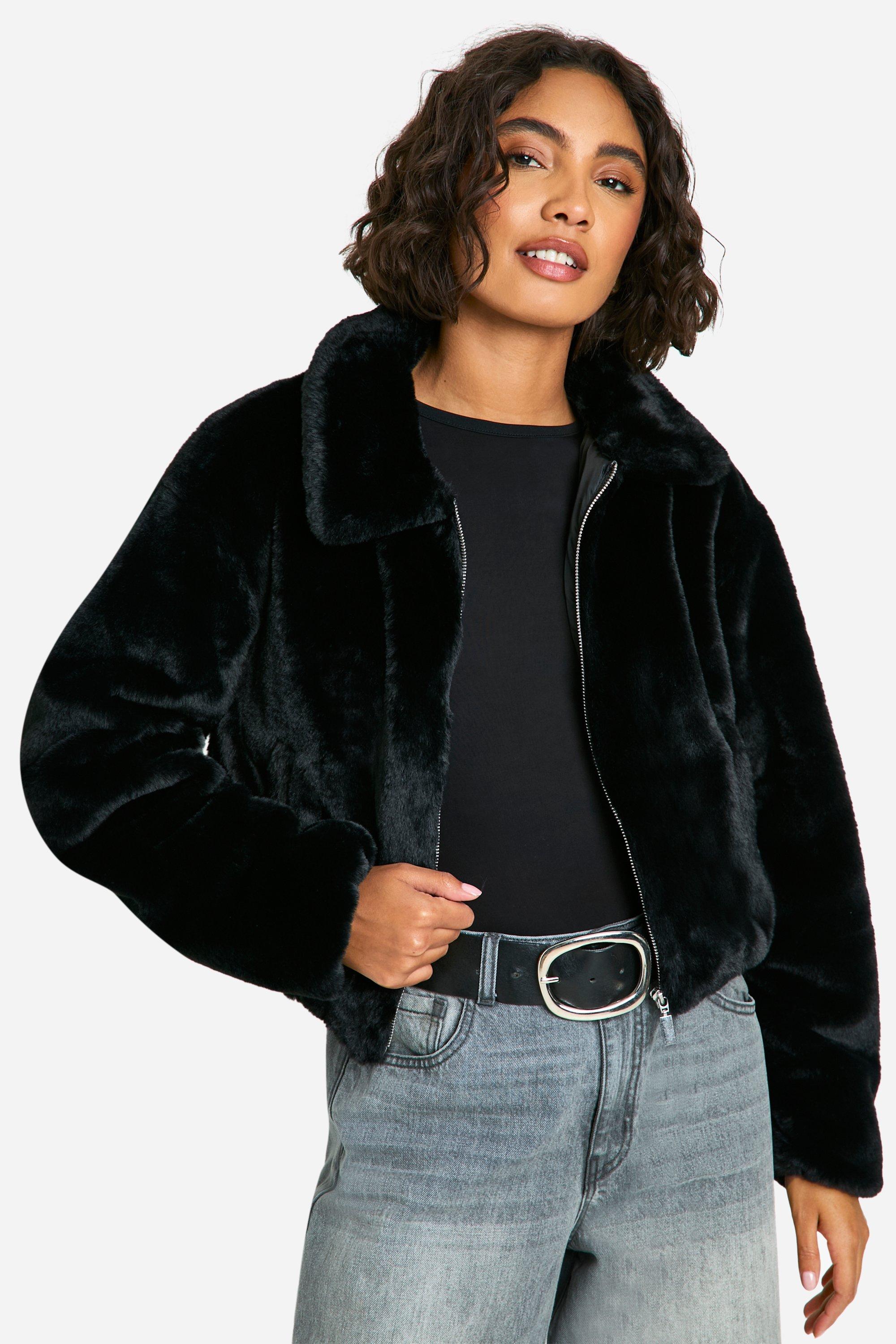 Boohoo Tall Korte Faux Fur Jas, Black