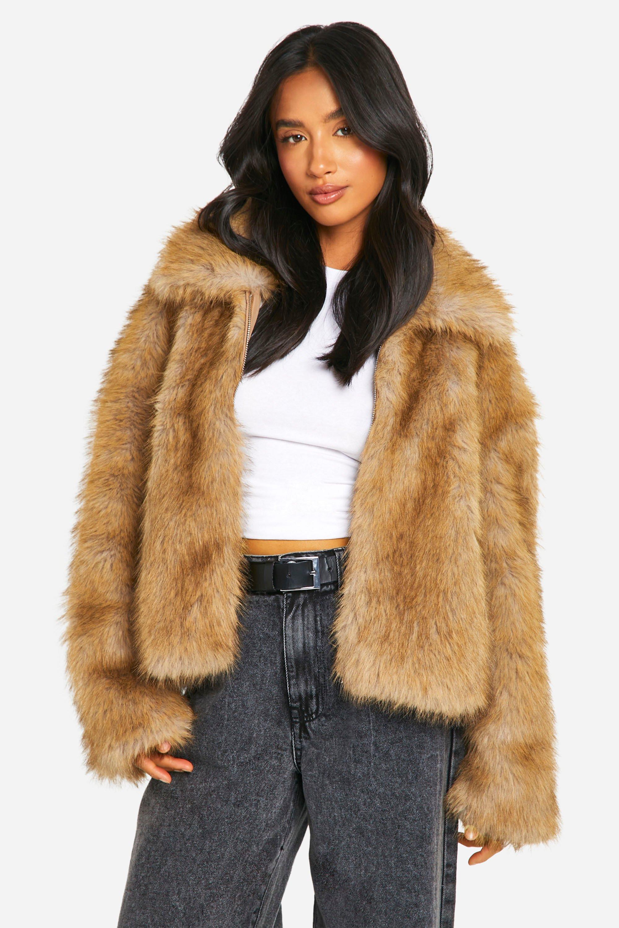 Boohoo Petite Premium Faux Fur Jas Met Kraag, Natural