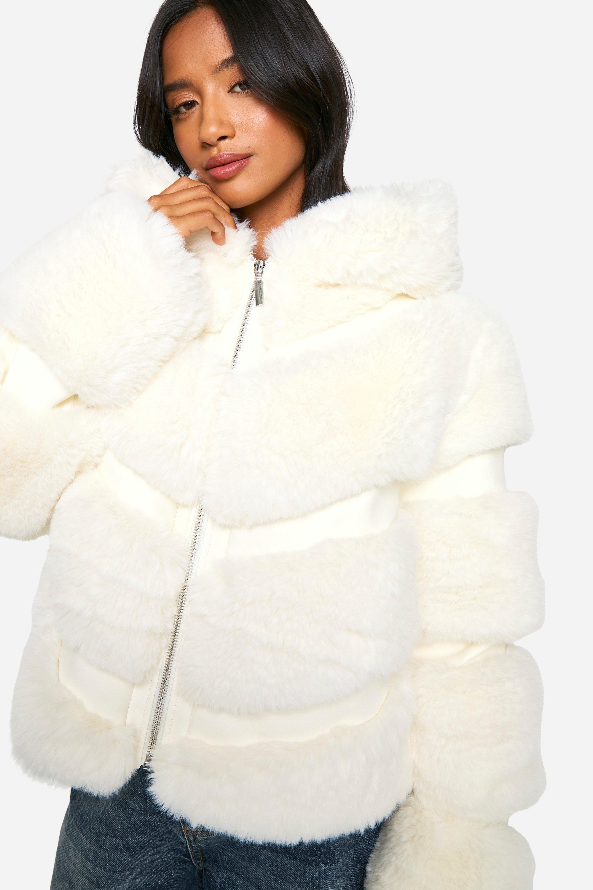 Boohoo Petite Jas Met Faux Fur Capuchon, Cream