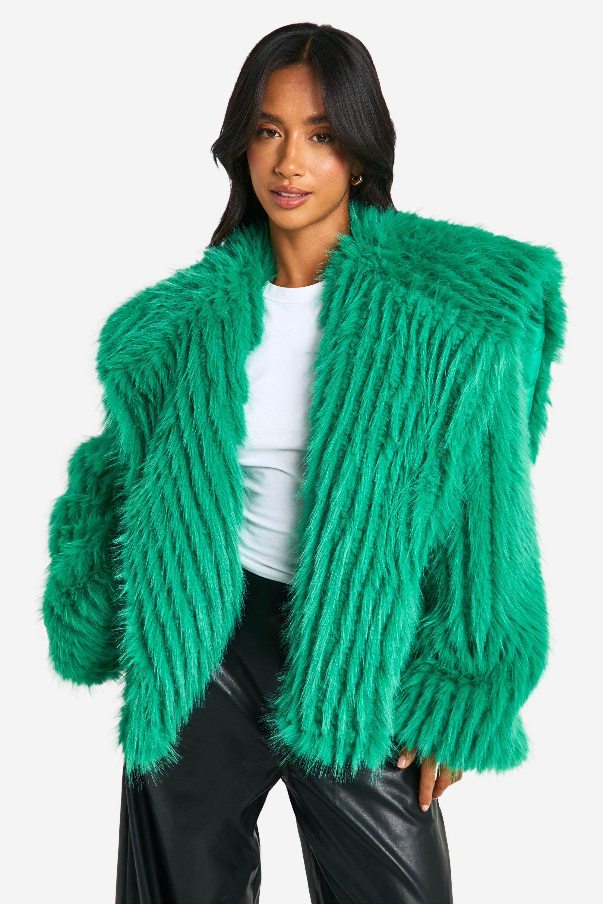 Boohoo Petite Oversized Faux Fur Jas Met Kraag, Green