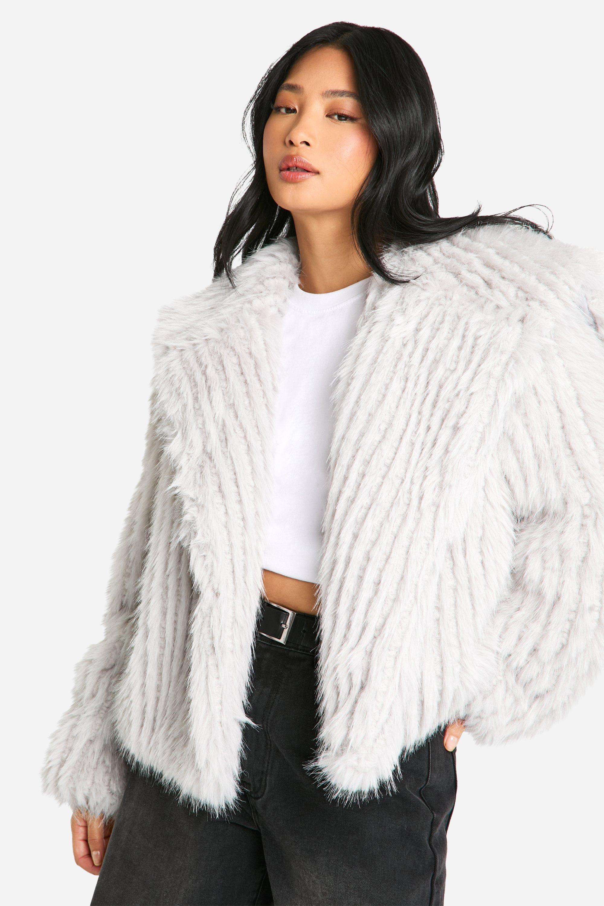 Boohoo Petite Oversized Faux Fur Jas Met Kraag, Grey