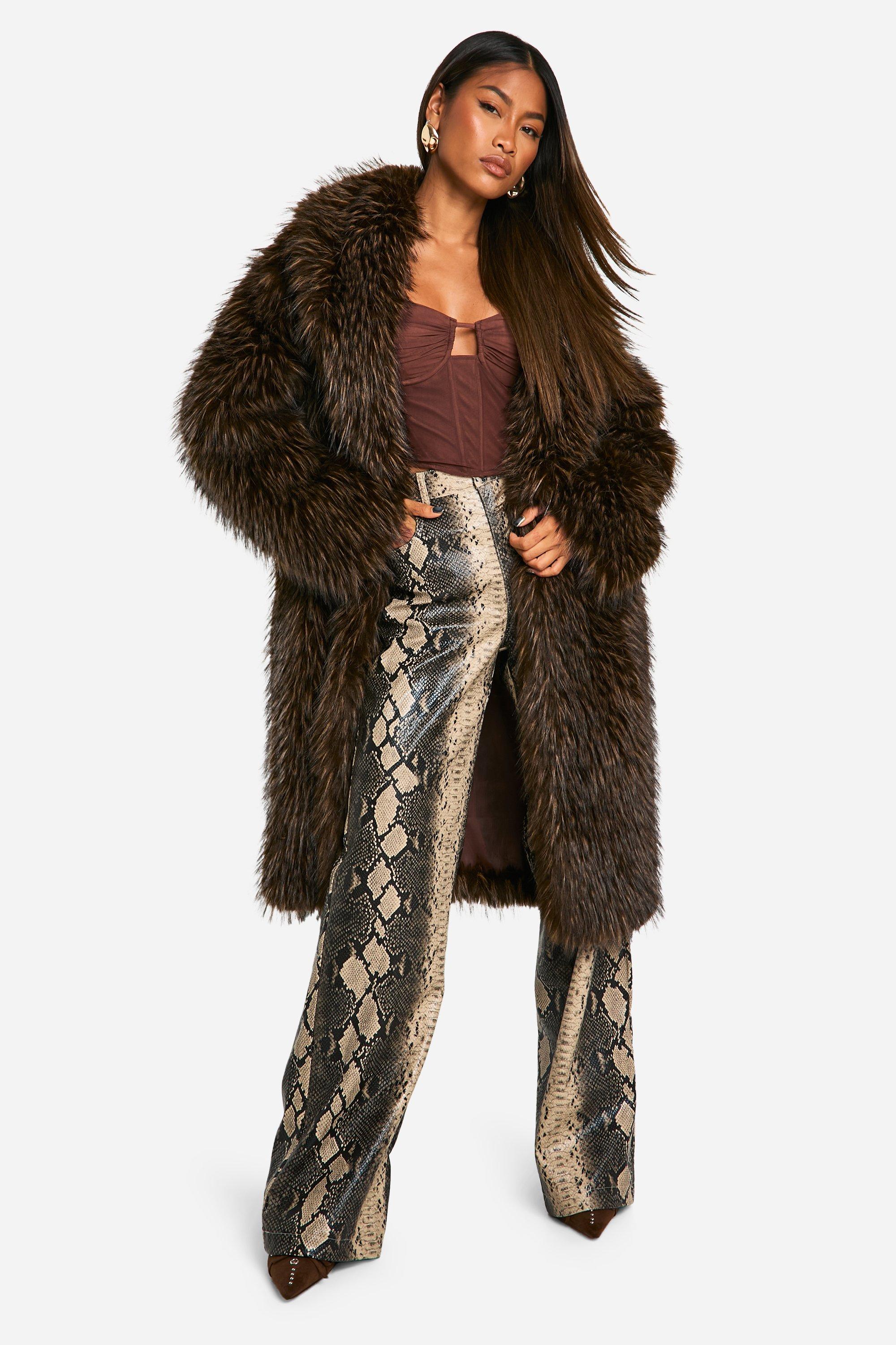 Boohoo Premium Vintage Look Midaxi Jas Met Faux Fur, Dark Brown