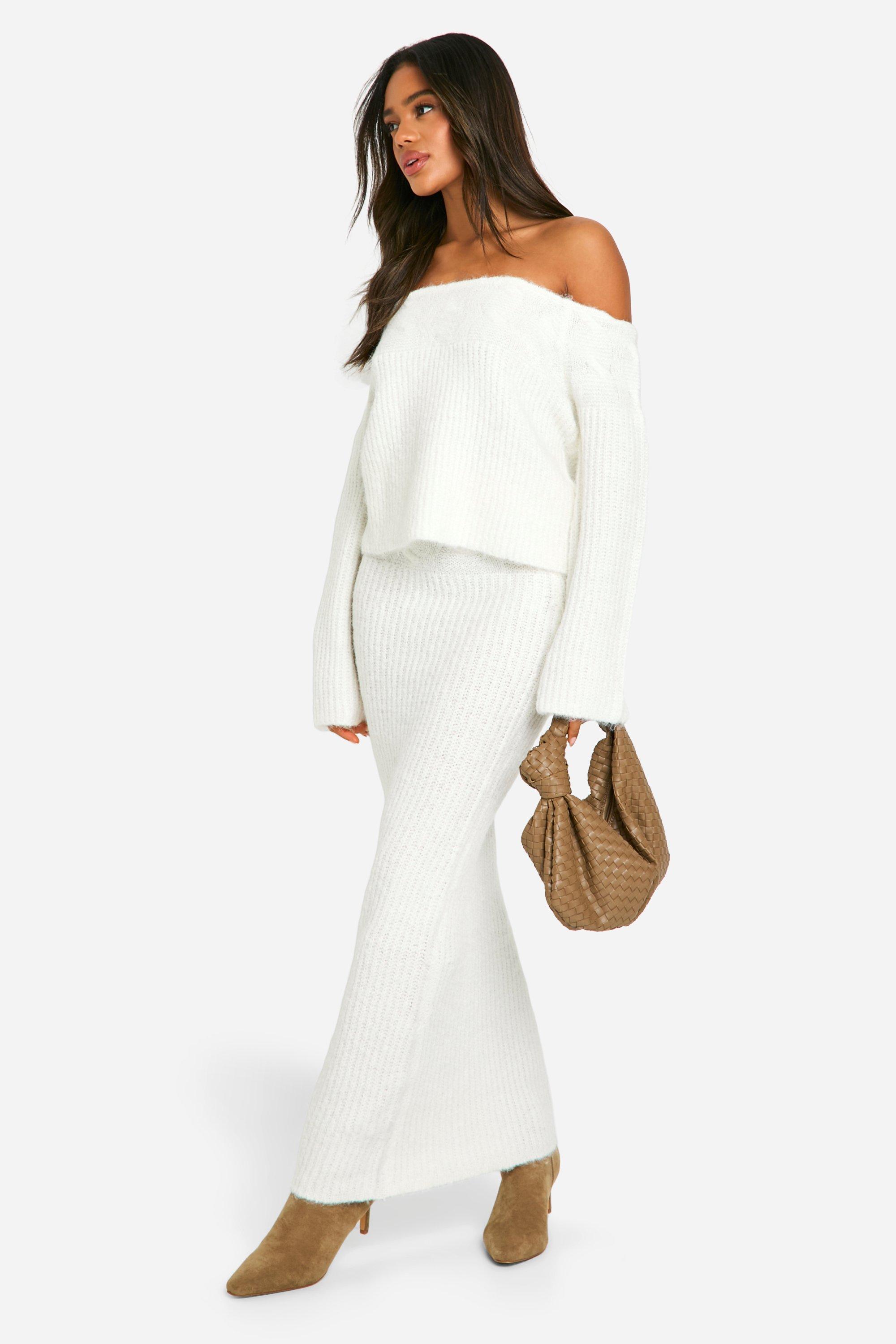 Boohoo Oversized Gebreide Trui Met Uitgesneden Hals En Maxi Rok Set, Off White