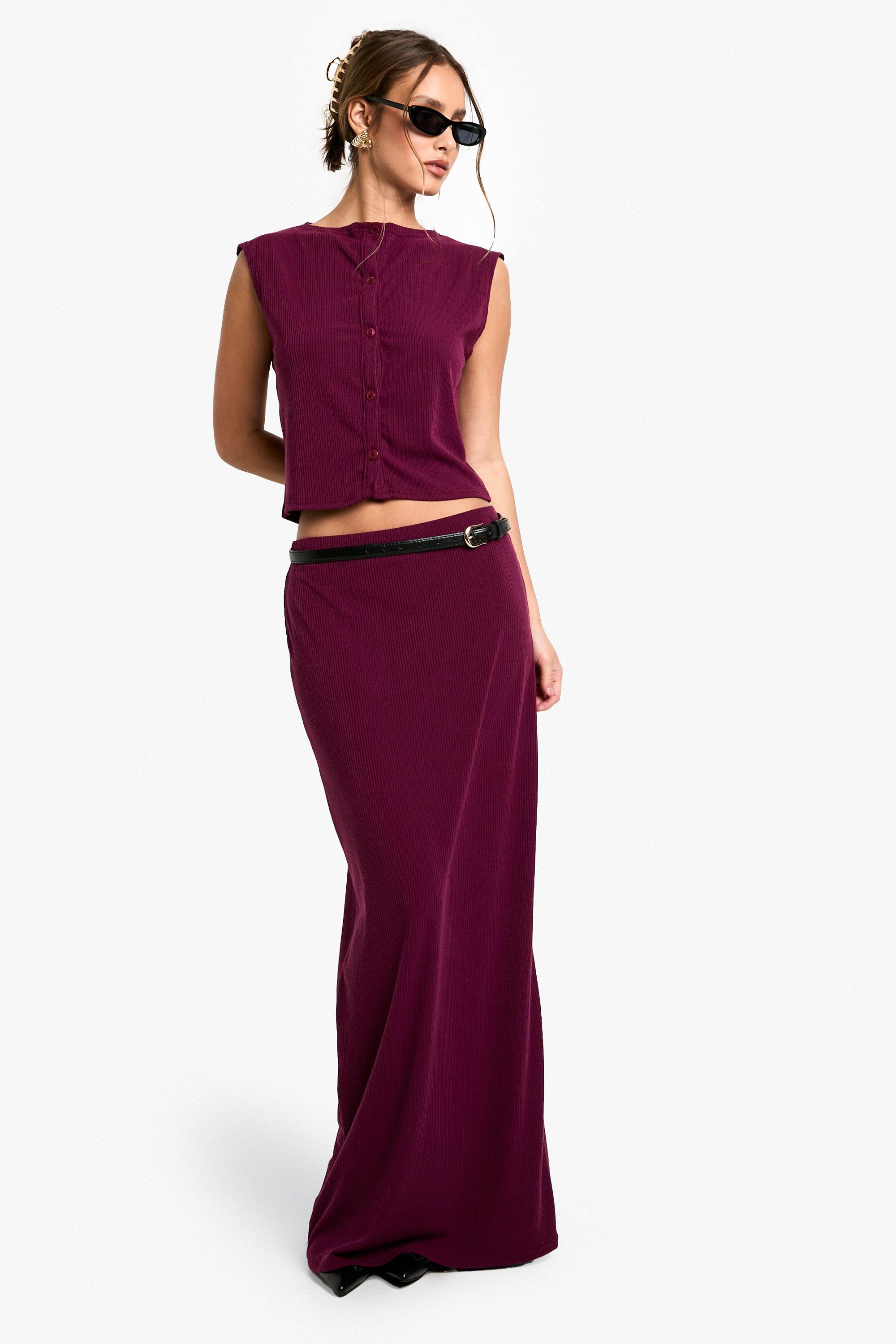 Boohoo Zacht Geribbelde Top Met Knopen En Maxi Rok Set, Plum