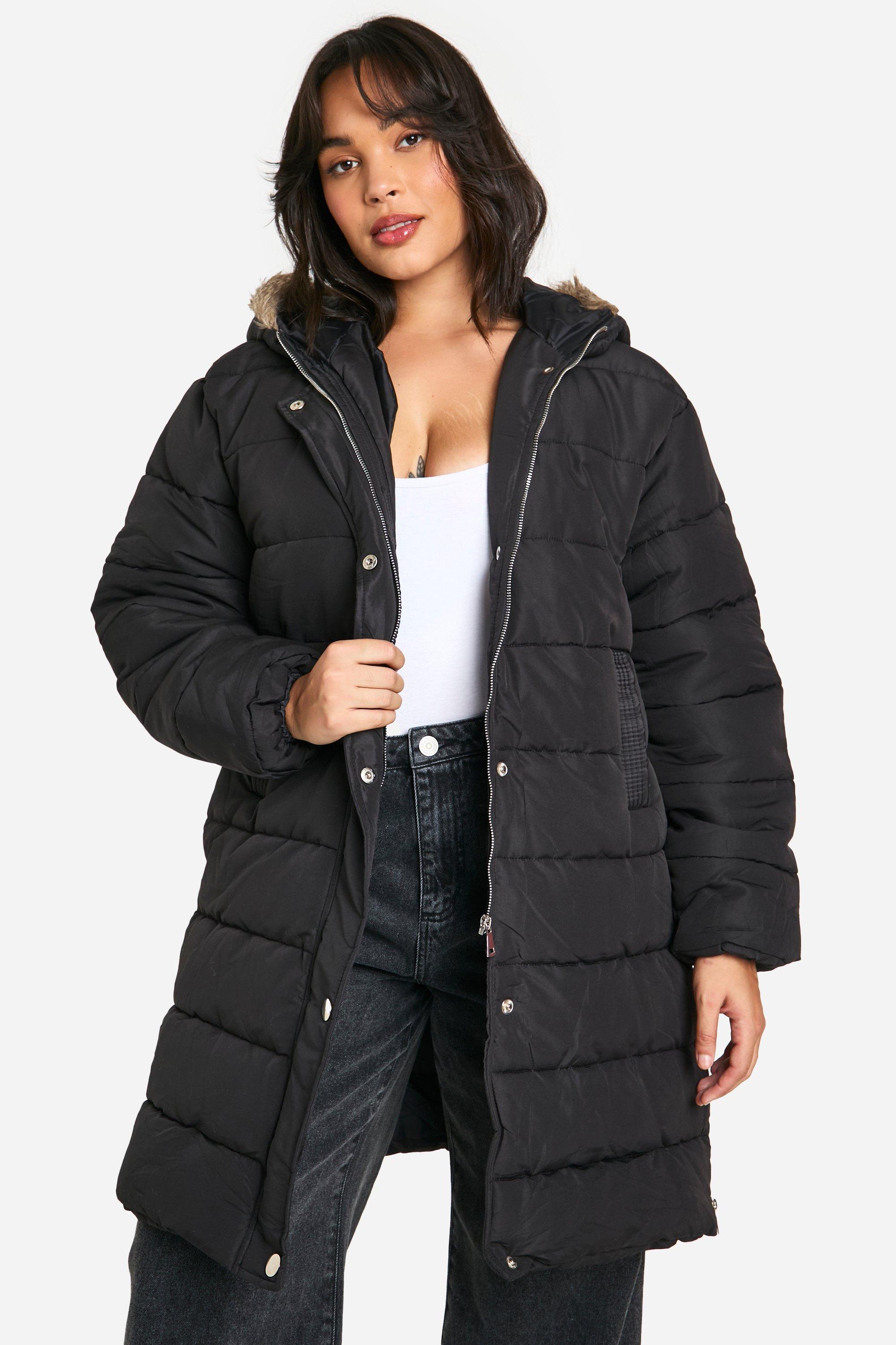 Boohoo Plus Long Line Parka Met Faux Fur Zoom, Black