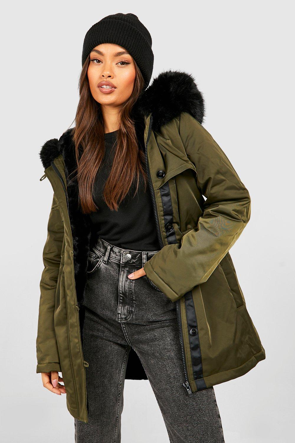 Boohoo Parka Jas Met Faux Fur Zoom, Khaki