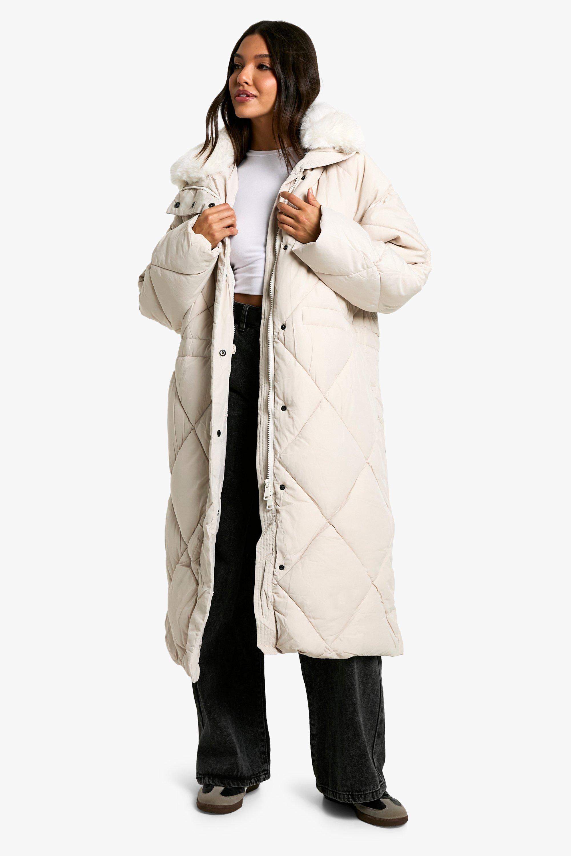 Boohoo Premium Gewatteerde Maxi Parka Met Faux Fur Zoom En Stiksels, Cream