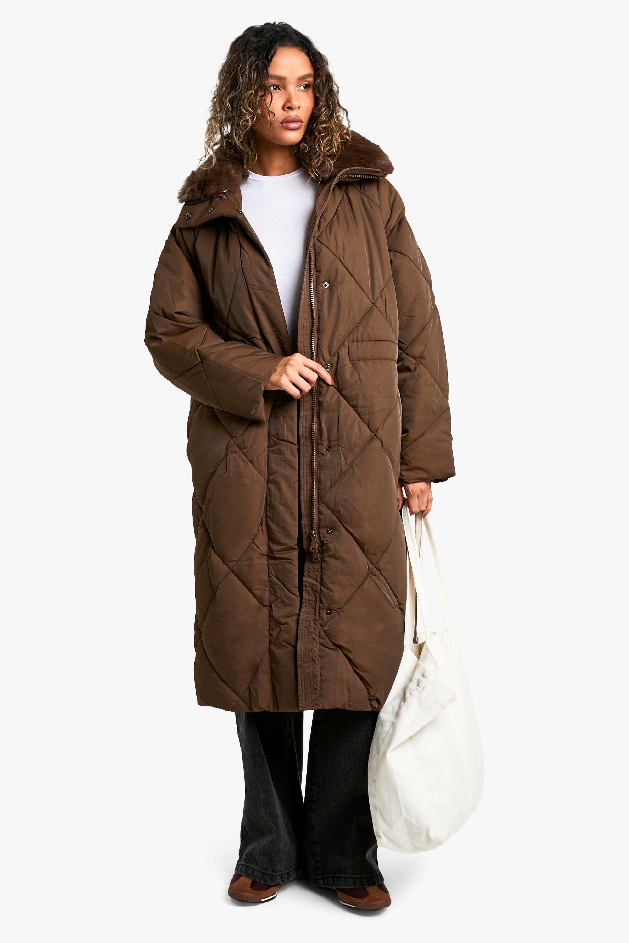 Boohoo Premium Gewatteerde Maxi Parka Met Faux Fur Zoom En Stiksels, Brown