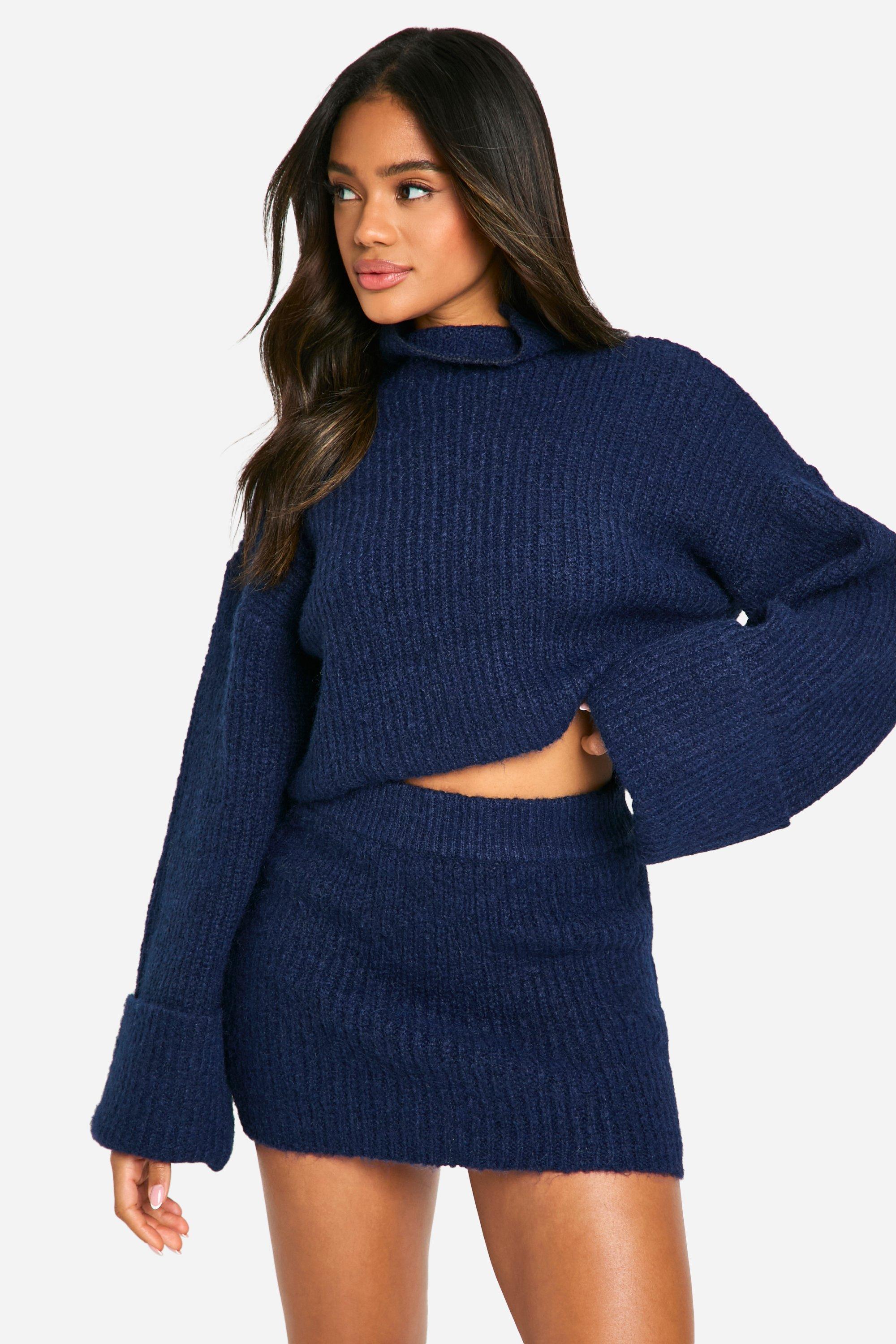 Boohoo Oversized Korte Gebreide Trui Met Hoge Hals En Mini Mini Rokje Set, Navy