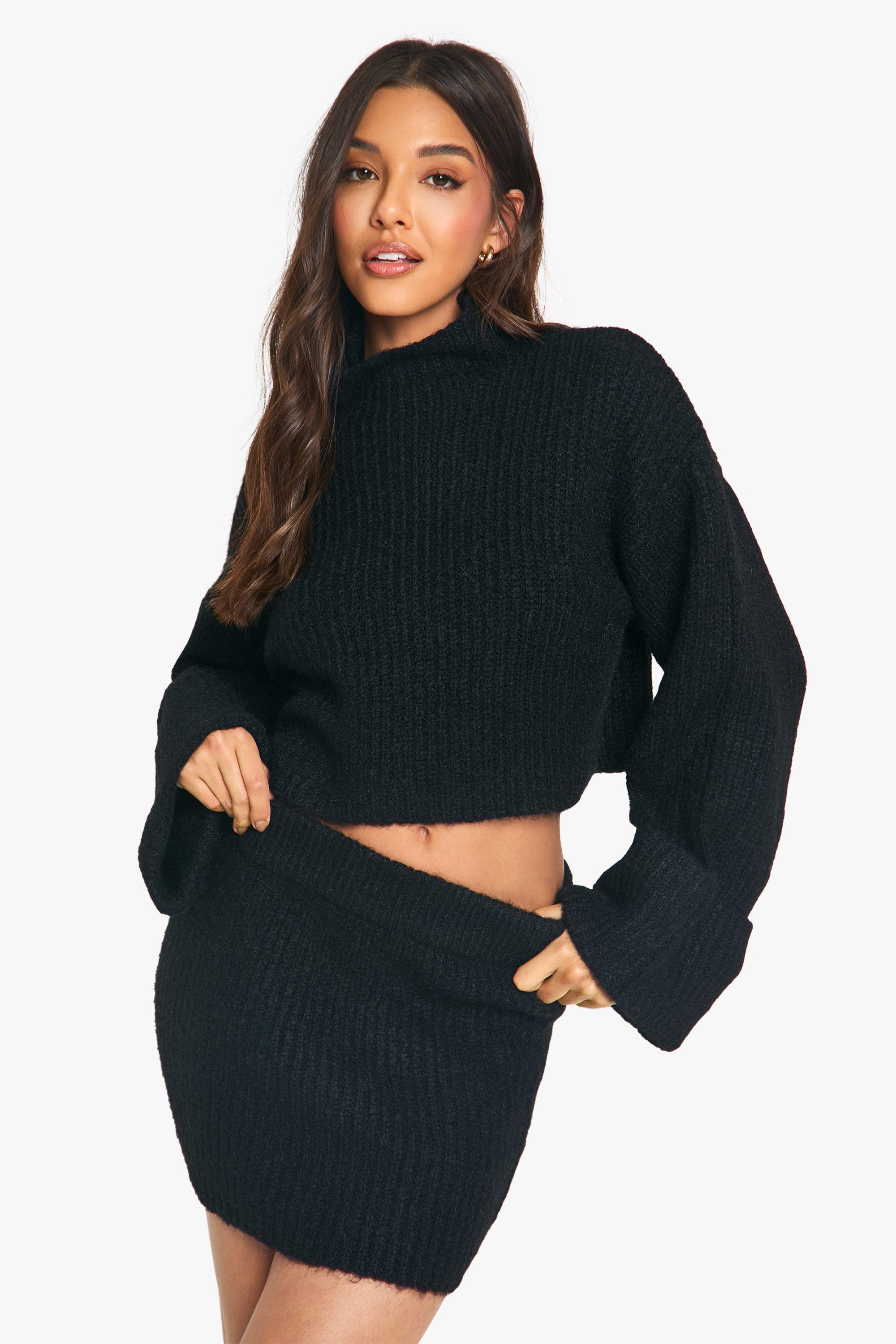 Boohoo Oversized Korte Gebreide Trui Met Hoge Hals En Mini Mini Rokje Set, Black