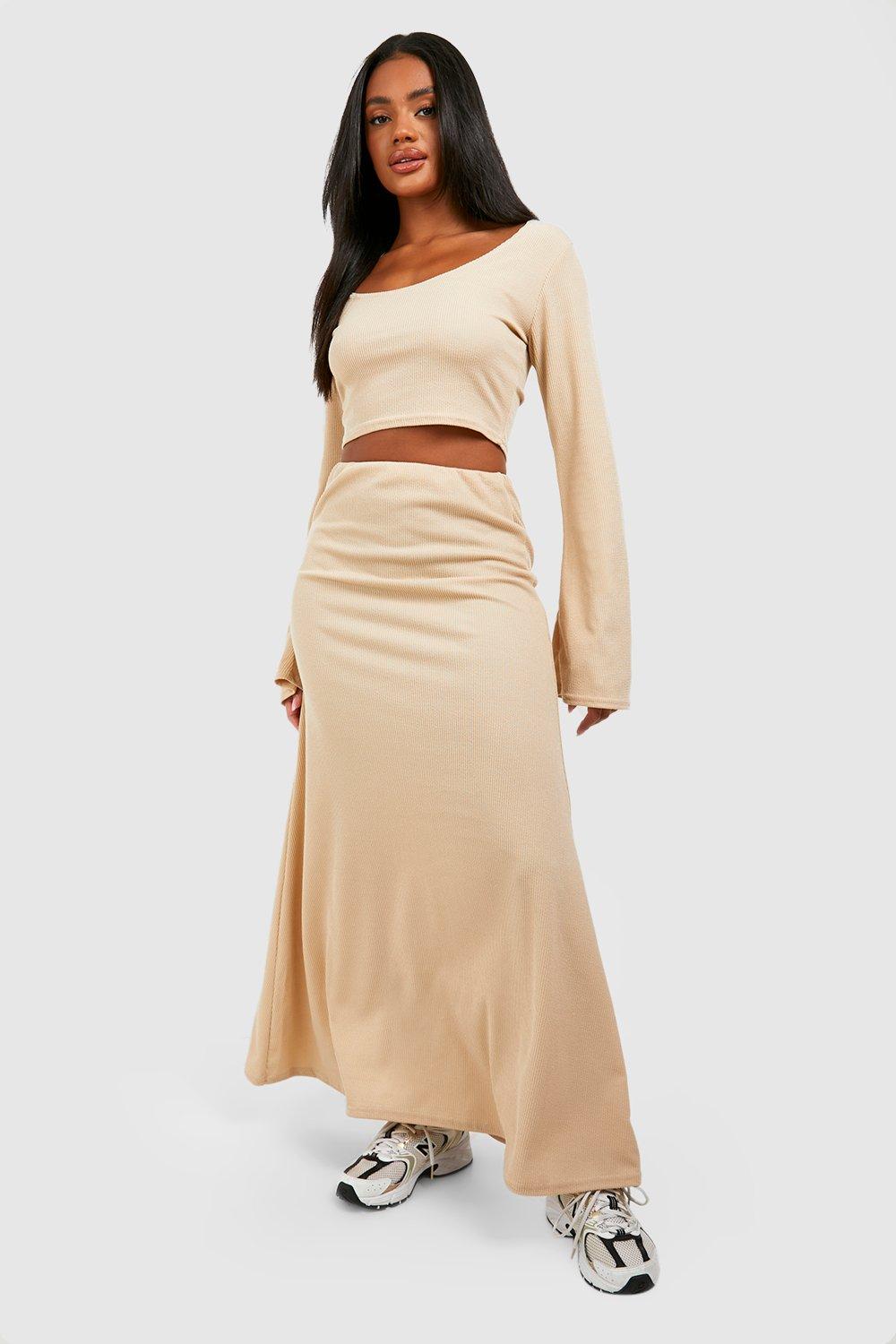 Boohoo Geribbelde Maxi Rok Met Wijde Zoom, Soft Beige