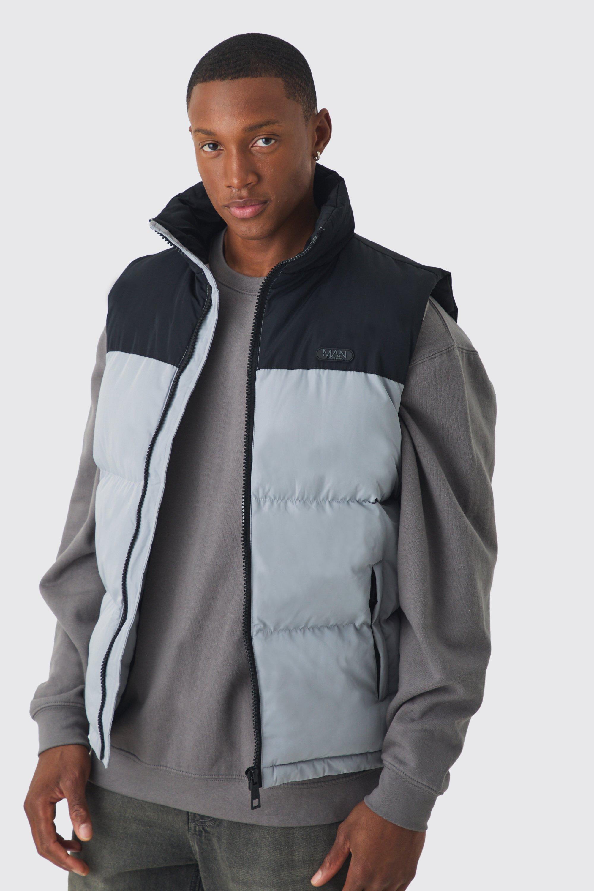 Boohoo Man Gewatteerde Color Block Bodywarmer Met Hoge Kraag En Label In Grijze, Grey