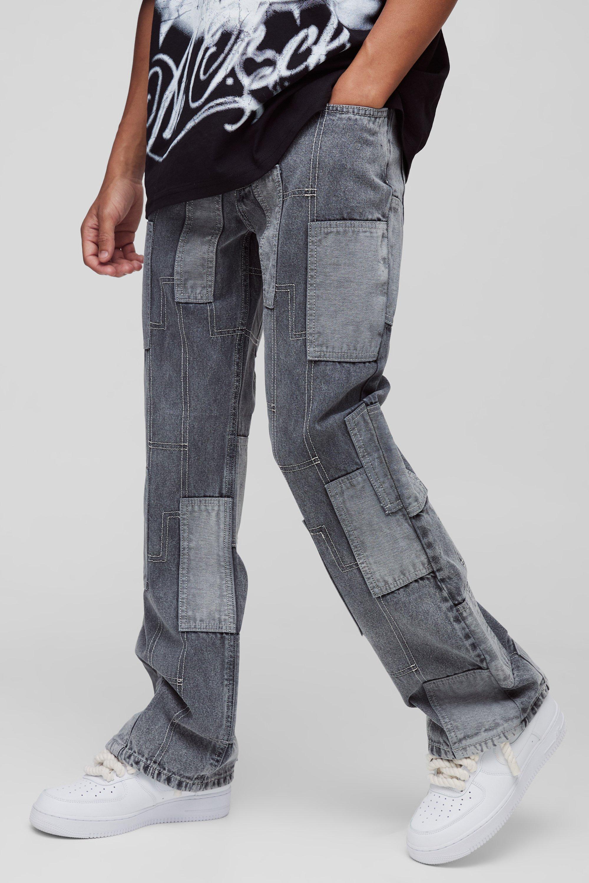 Boohoo Baggy Jeans Met Wijde Pijpen, Patches En Contrasterende Stiksels, Charcoal