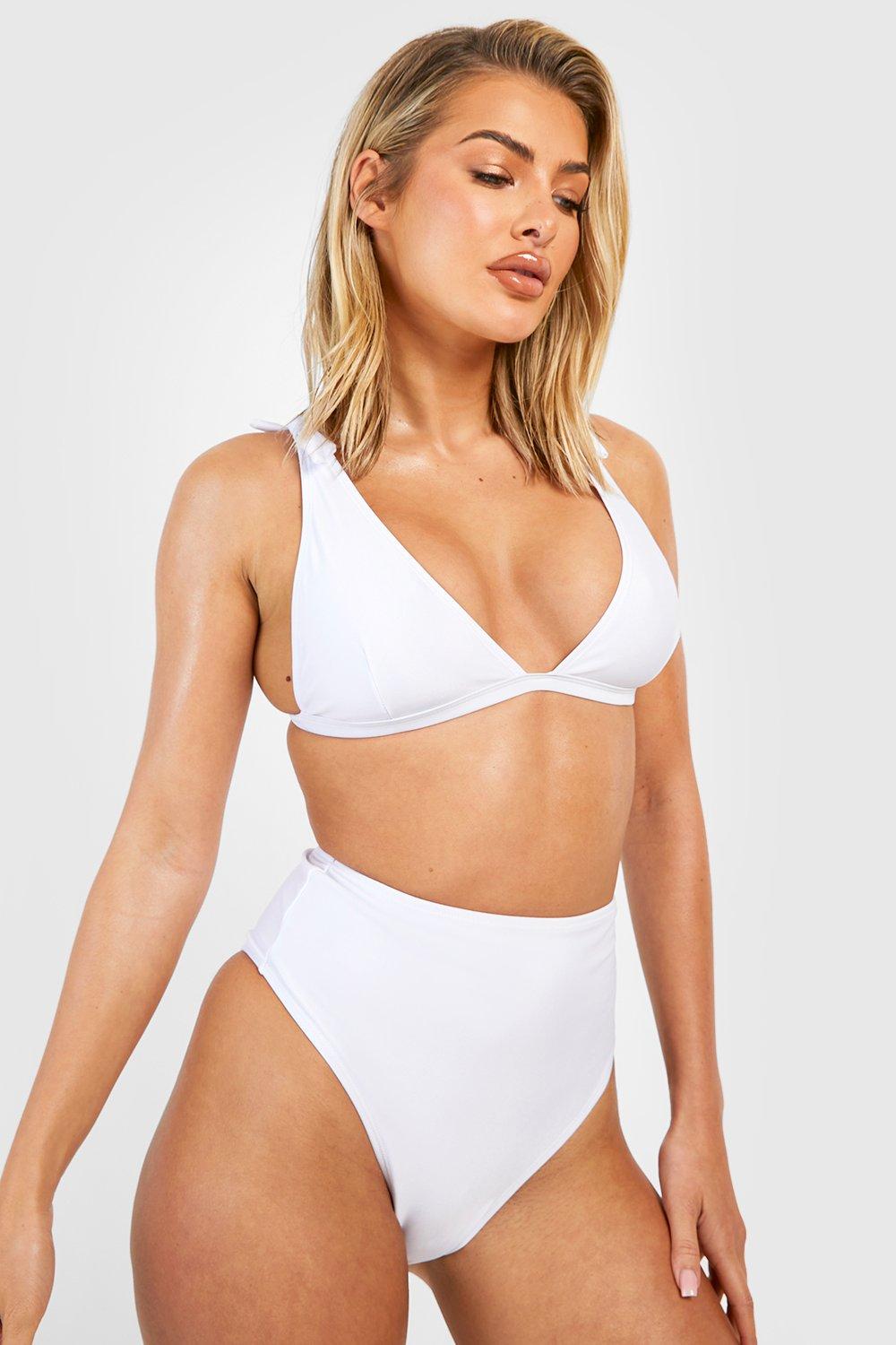 Boohoo High Waist Bikini Set Met Schouderstrikjes En Laag Decolleté, White