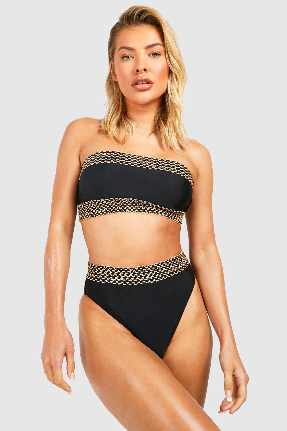 Boohoo Versierde High Waist Bandeau Bikini Set, Black