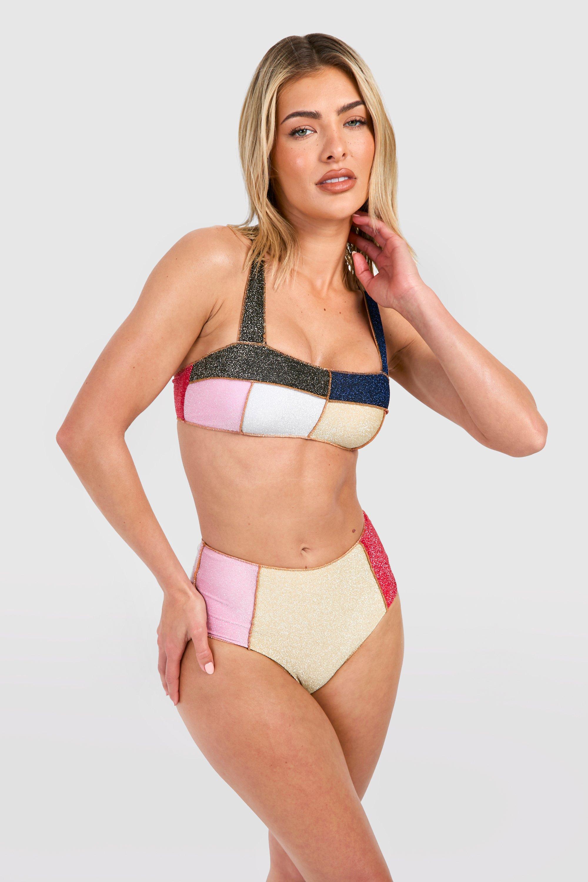 Boohoo Glitter Color Block Bikini Set Met Bandjes, Gold