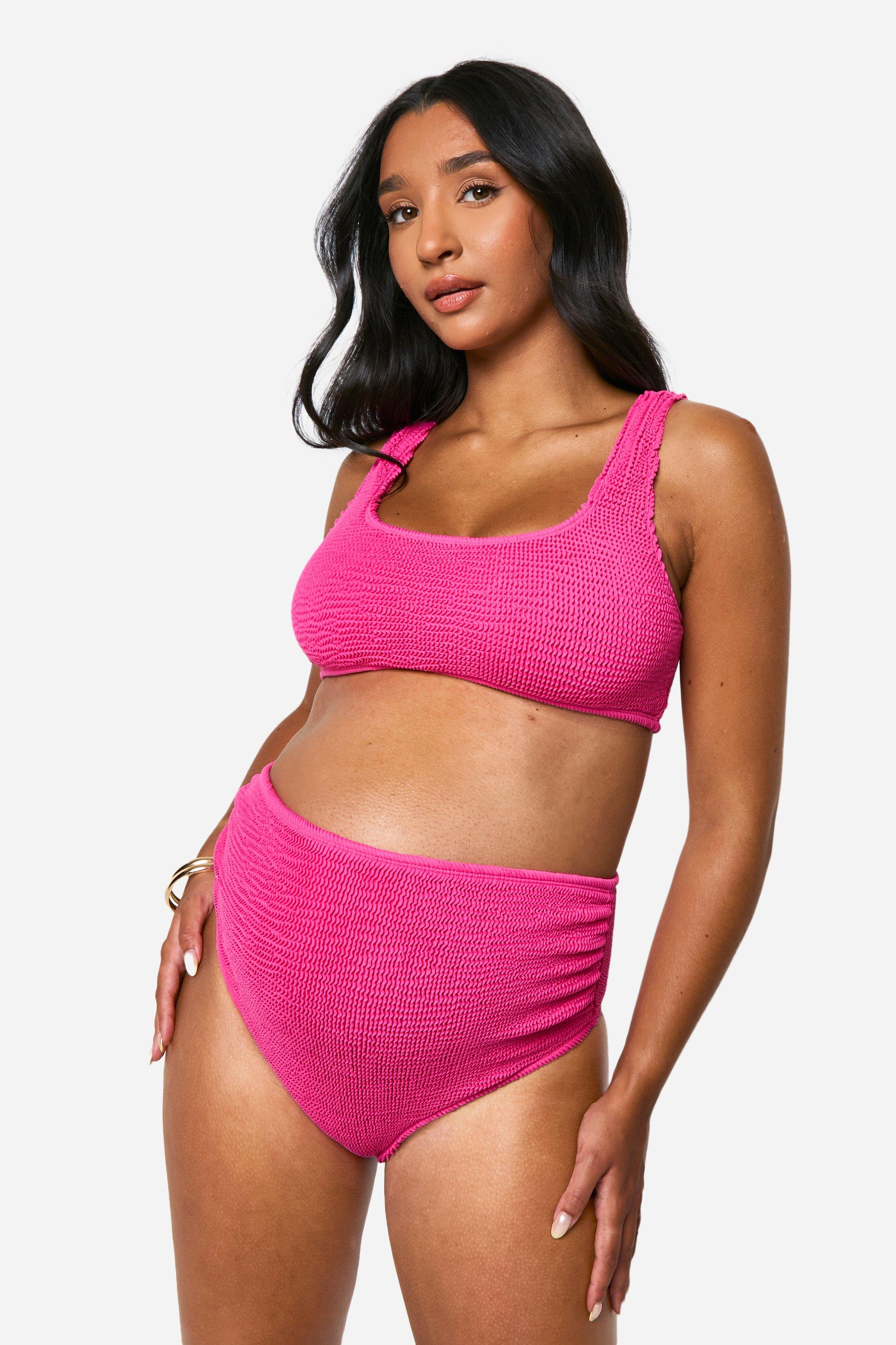 Boohoo Zwangerschap Gekreukelde High Waist Bikini Set Met Lage Ronde Hals, Fuchsia