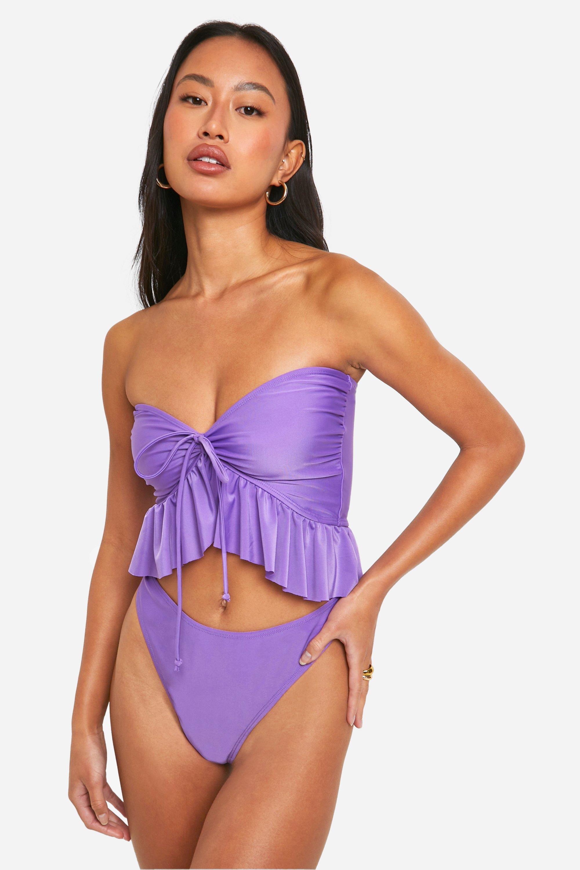 Boohoo Long Line Strapless Hipster Bikini Set Met Franjes, Purple