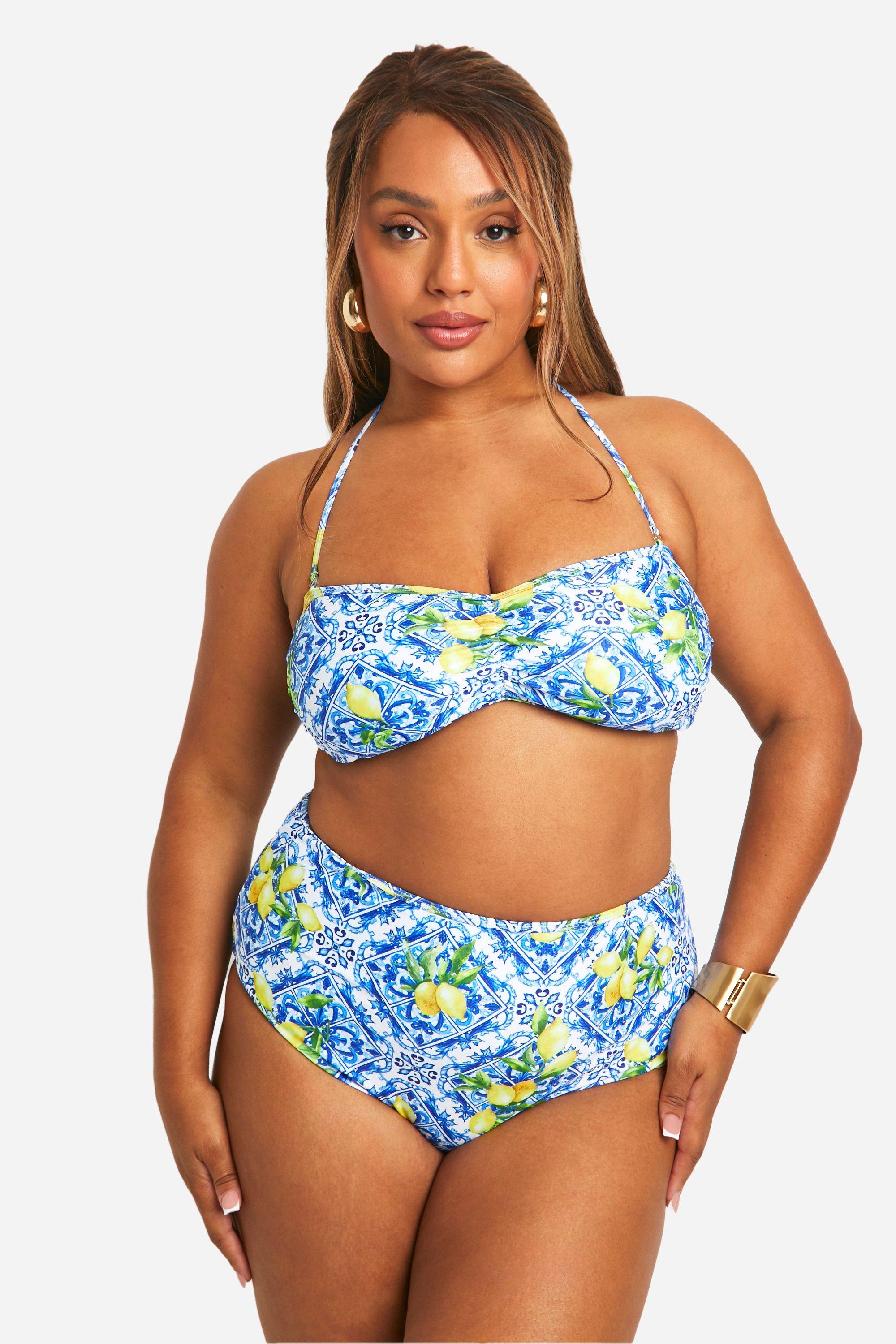 Boohoo Plus Citroenen Tegelprint Bikini, Blue