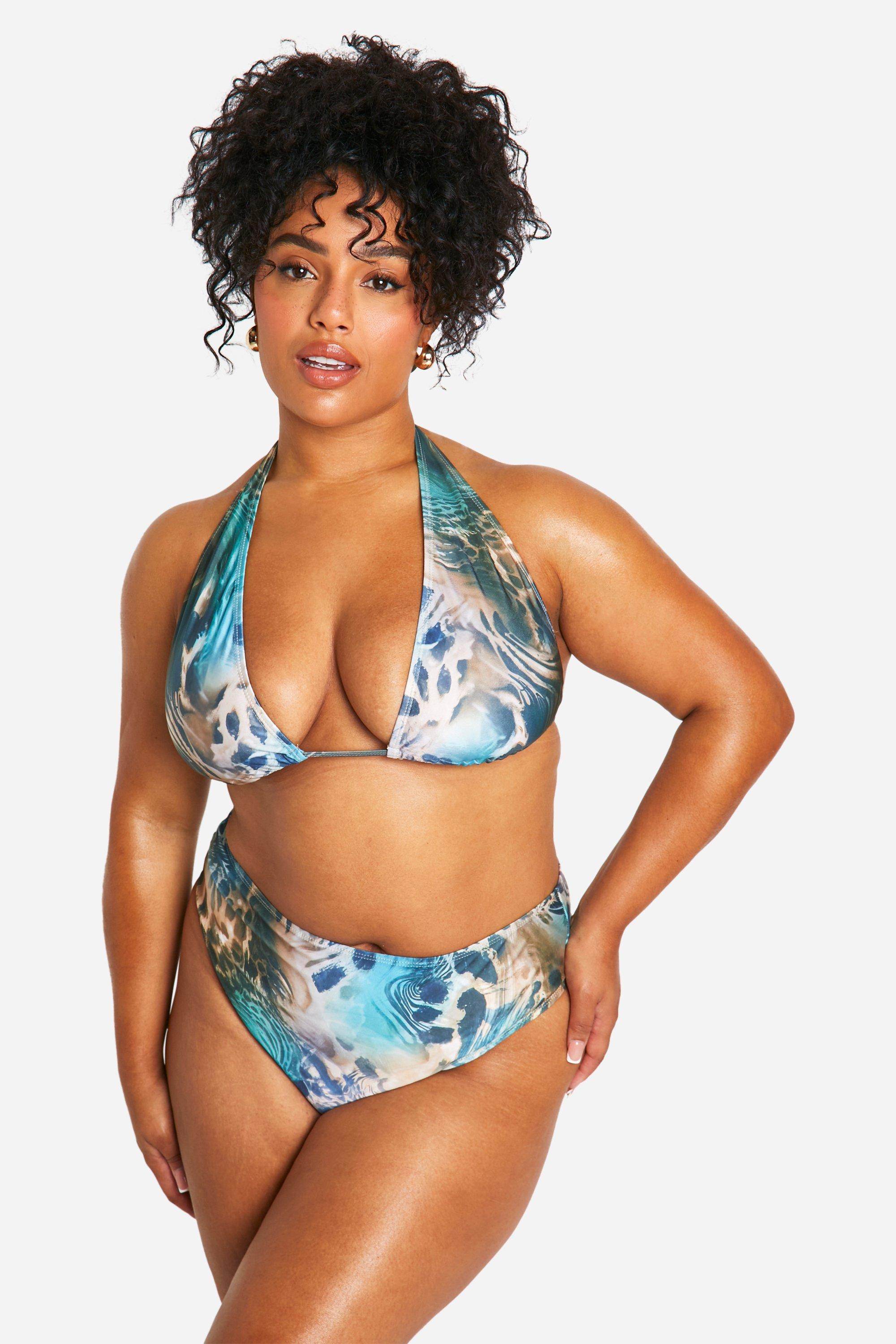 Boohoo Plus Abstracte Dierenprint High Waist Bikini Set, Emerald