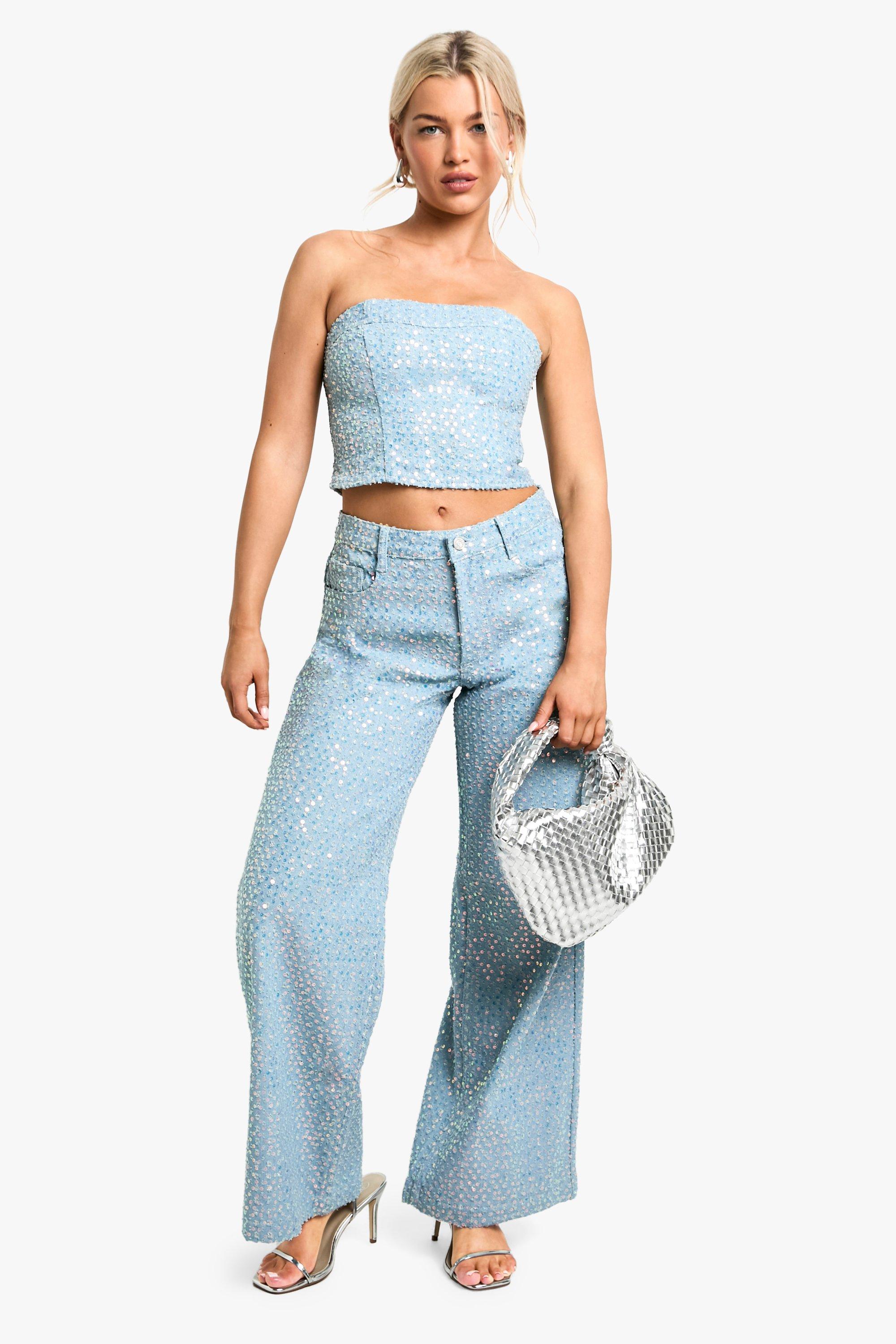 Boohoo Versleten Wide Leg Jeans Met Pailletten, Light Wash