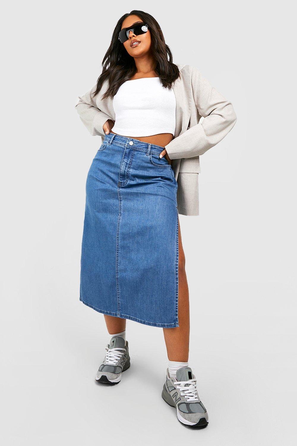 Boohoo Plus Midaxi Spijkerrok Met Hoge Taille En Zijsplit, Mid Blue