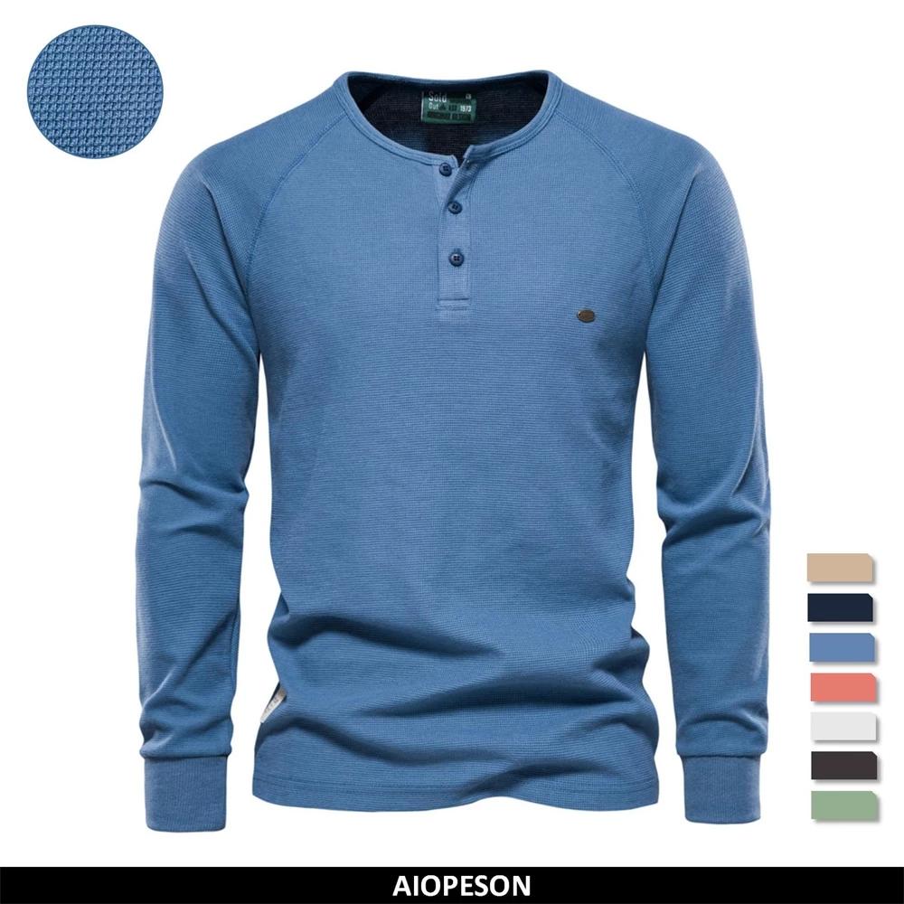 AIOPESON Men Fashion AIOPESON Mannen Wafel T-shirt 2022 Nieuwe Herfst Henley Kraag Lange Mouw Eenvoudige Ademende Mannen Tee Shirts Effen Kleur tops Mannen S 50-60 kg kaki