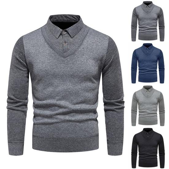 Jiantengxujm Heren Herfst Winter Trui Nep Tweedelige Reversknopen Met Lange Mouwen Gestreepte Pullover Gebreid Slim Fit Zacht Warme Elastische Revers Heren Zakelijke Stijl Trui M marineblauwe kleur