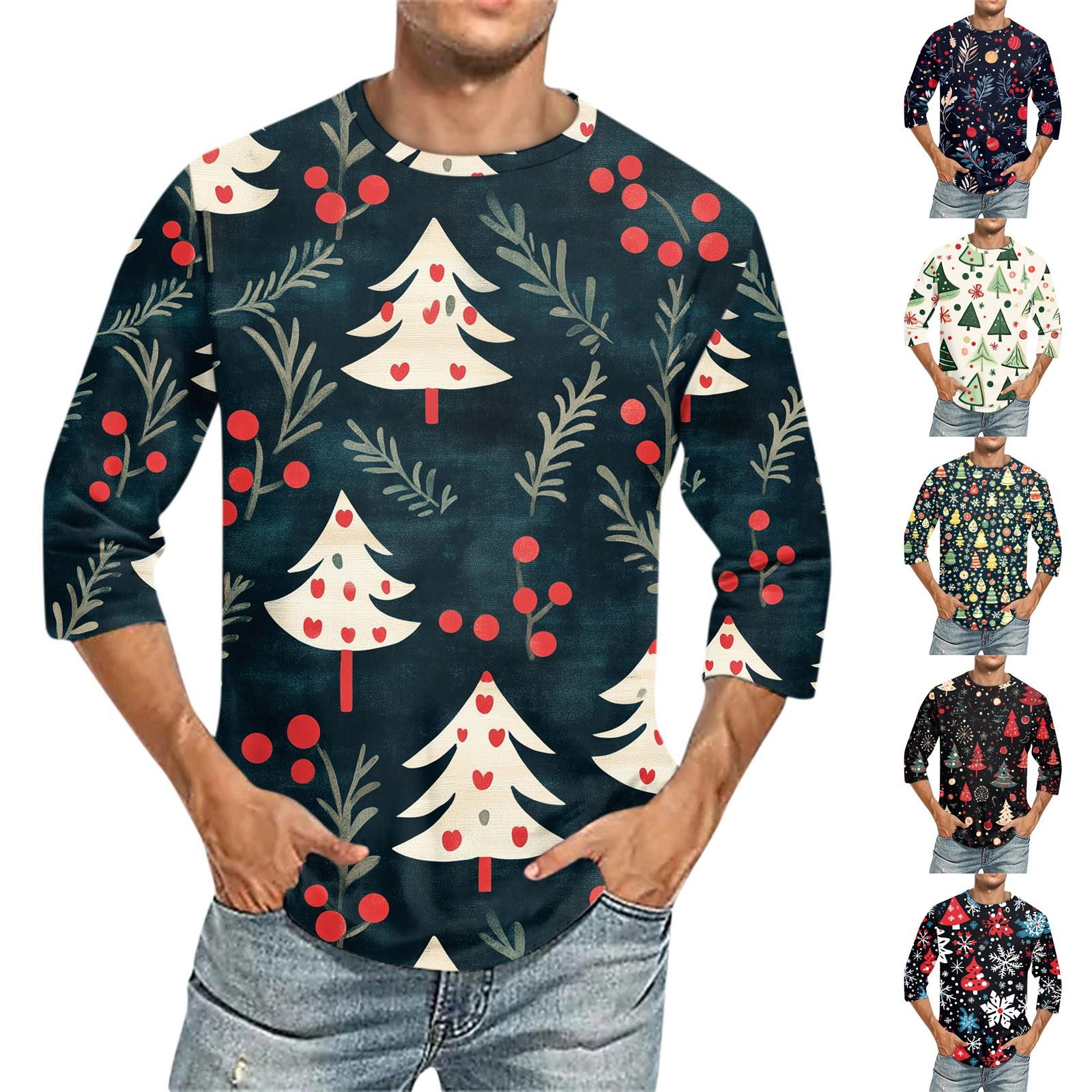 Xingben One Men's Christmas print Round Neck Three Quarter Sleeve Top T-shirt XXL wit