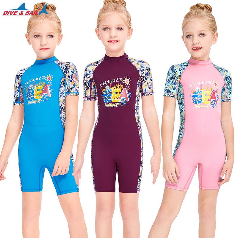 91341324MA8PAED50E DIVE&SAIL Kinderzwemkleding Meisjes Zonnebrandcrème Strandwetsuit Eendelig Korte mouw Kinderen Sneldrogend Kwallenkleding L roze