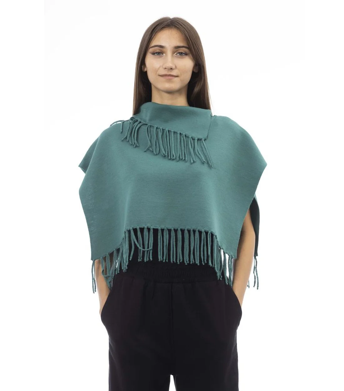 Alpha Studio Wol poncho met franje