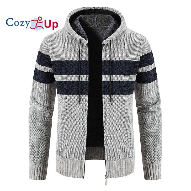 Cozy  Up Cozy up Men's Hooded Pinstripe Contrast Color Plush Thickened Knitted Cardigan Jacket Sweater M zwart