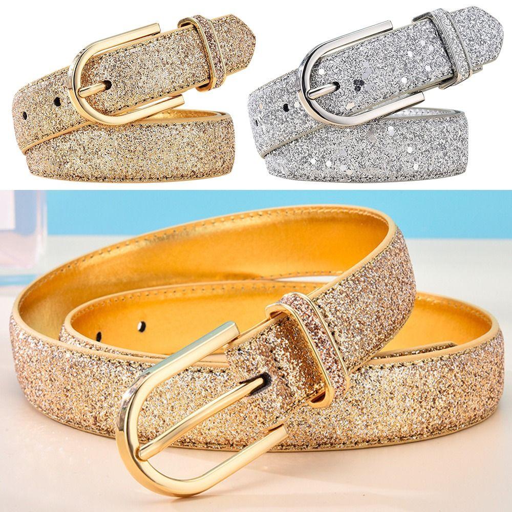 SundayVigo Casual retro goud zilver tailleband glitter lederen riem broekjurk riemen pin gesp tailleband 115cm goud