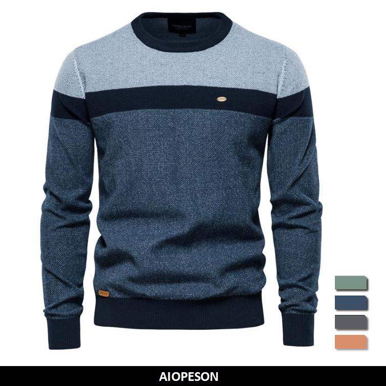 AIOPESON Men Fashion AIOPESON Gesplitste Katoenen Trui Mannen Casual O-hals Hoge Kwaliteit Trui Gebreide Truien Mannelijke Nieuwe Herfst Winter Heren Truien M 55-65 kg groen