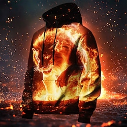 Light in the box Voor heren Leeuw Vlam Hoodies Sweatshirt Overkleding Sweatshirt met capuchon Strakke ronde hals Modieus 3D-afdrukken Feest Feestdagen Streetwear Rood Trekkoord Herfst Winter Ontwerper