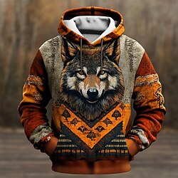 Light in the box Voor heren Wolf Hoodies Sweatshirt Overkleding Sweatshirt met capuchon Strakke ronde hals Modieus 3D-afdrukken Feest Feestdagen Streetwear Bruin Trekkoord Herfst Winter Ontwerper