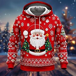 Light in the box Kerstmis Voor heren Kerstman Hoodies Sweatshirt Overkleding Sweatshirt met capuchon Strakke ronde hals Modieus 3D-afdrukken Feest Feestdagen Streetwear Rood Trekkoord Herfst Winter Ontwerper