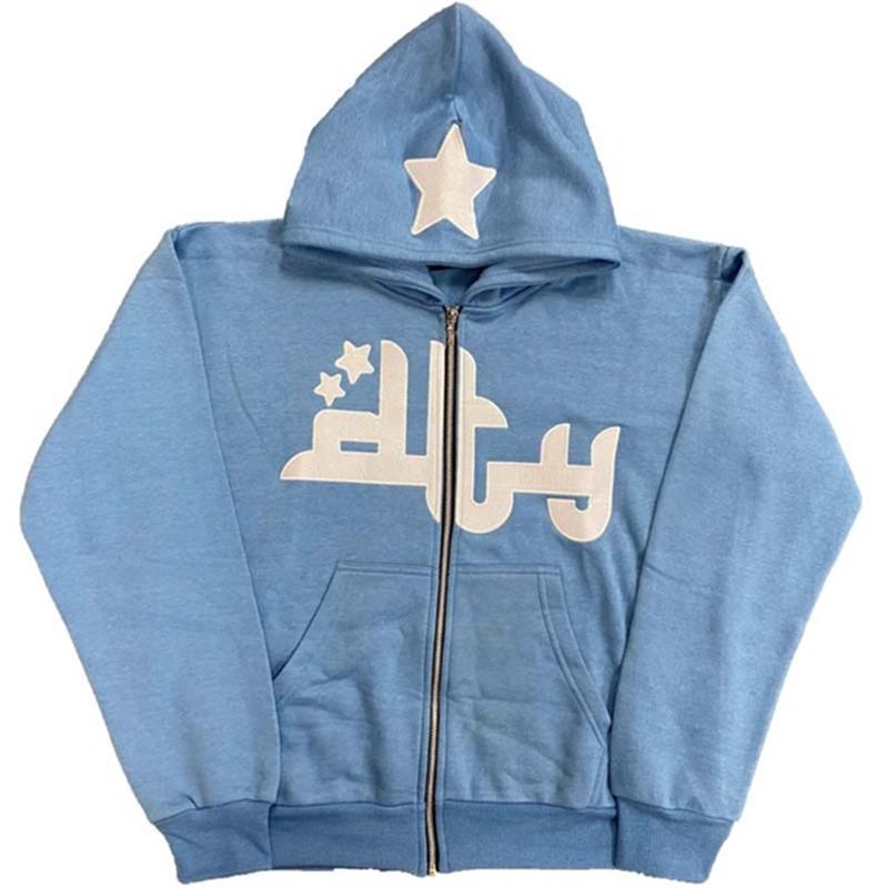 HipHop Fashion Zip Mode Ster Brief Gedrukt Hoodie Mannelijke Losse Casual Hip Hop Sweatshirt Top Y2k kleding Jas Vintage Hoodies Mannen streetwear M blauw