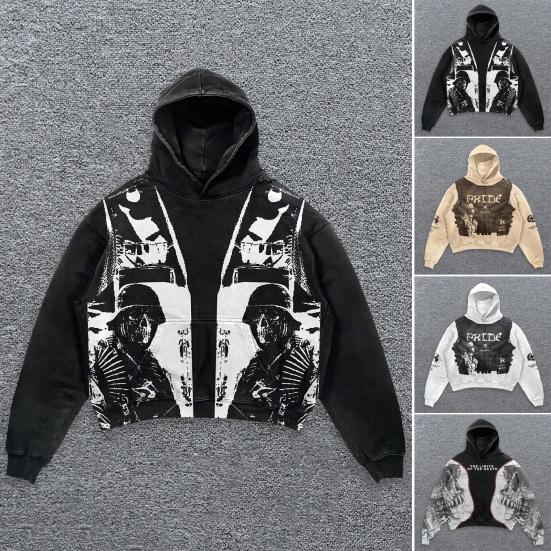 RR58LQ Herenhoodie met gotische schedelprint Retro streetwear mode Zacht polyester losvallende hoodie voor trendy look 2XL zwart