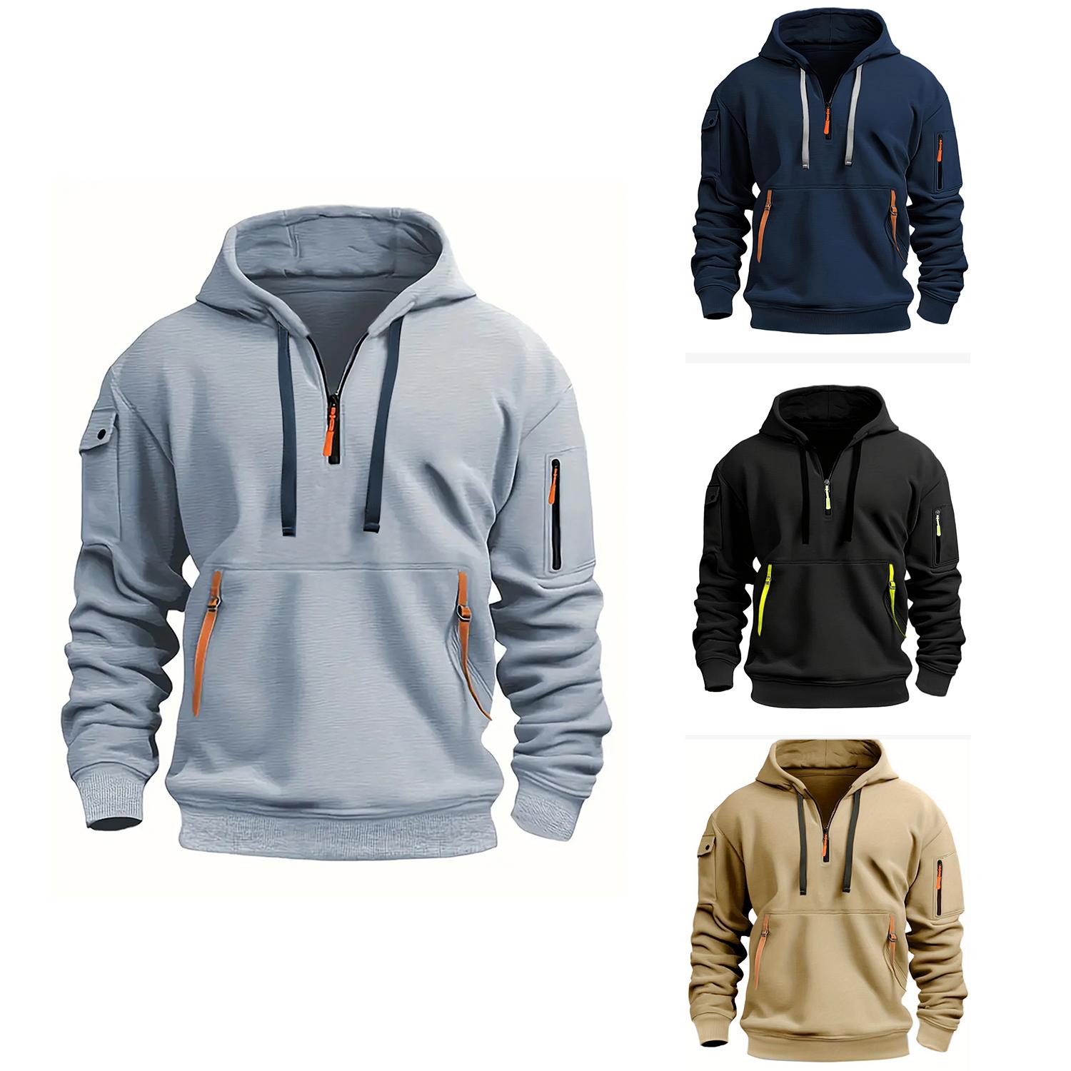 FEGKZLI Specialty Hoodie voor heren Hoodies met kwartrits Capuchon Effen zak Sport- en outdoor-streetwear Cool Casual Lente- en herfstkleding Hoodies Sweatshirts Herenjassen S zwart