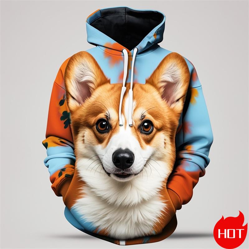 ETST 05 Vintage 3D schattige dieren Welsh Corgi print Nieuw binnen Hoodies & Sweatshirts Mode Corgi liefhebbers Streetwear Hooded Hoody Herenkleding S