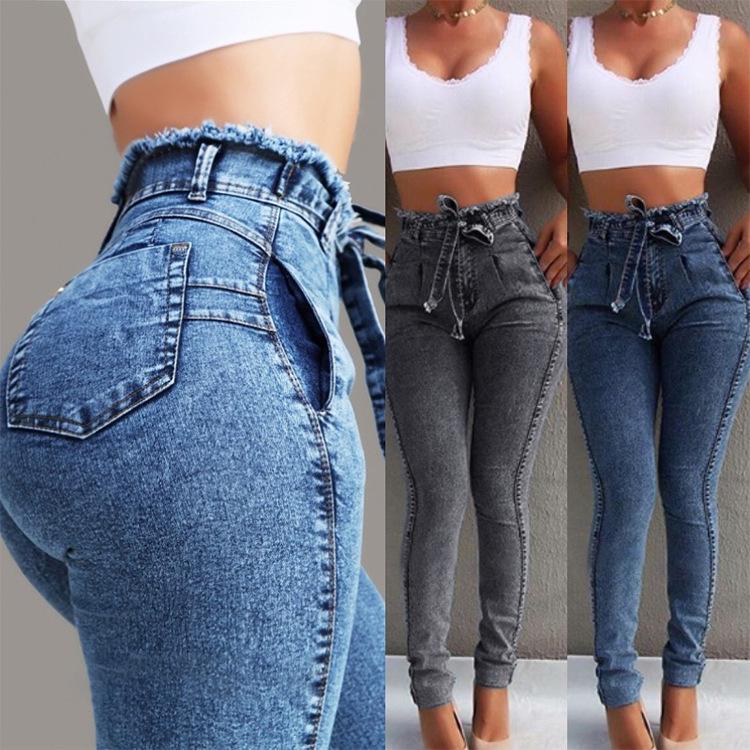 HI-FASHION Hoge taille jeans voor dames Herfst slanke stretch denim potloodbroek Kwastje riem Skinny push-up gewassen jeans Vrouw vrouwelijke broek S grijs