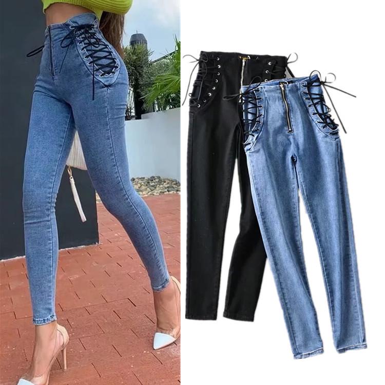 BLUE FASHION Damesmode hoge taille slanke jeans skinny vetersluiting elasticiteit broek XL zwart