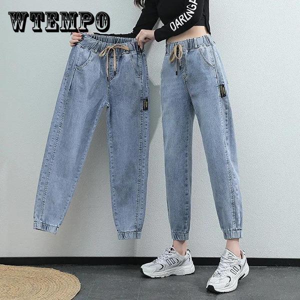 WTEMPO Dames Lente Herfst Grote Maat Streetwear Cropped Jeans Losse Effen Kleur Hoge Taille Elastische Casual Jeans XXXL